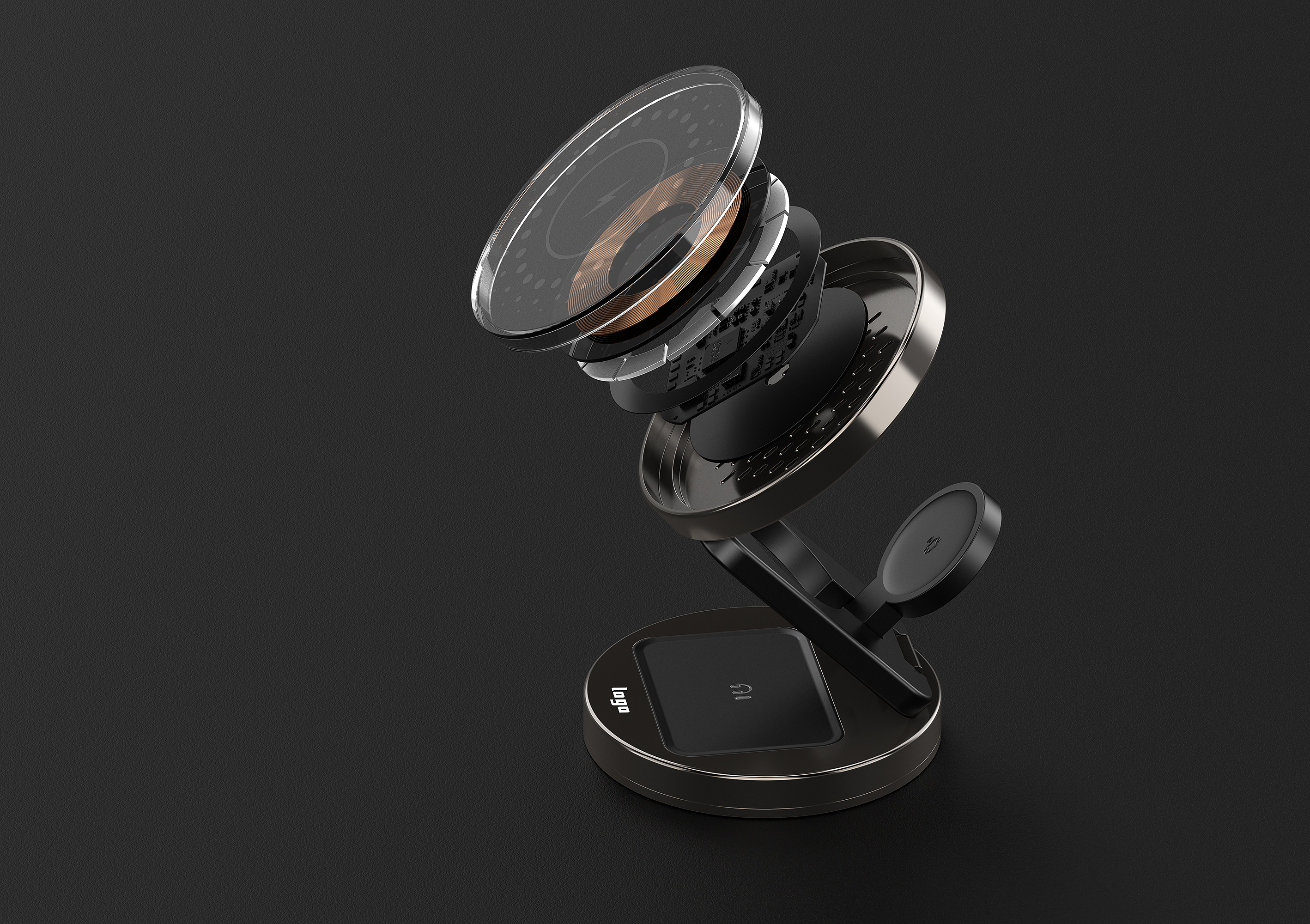 Wireless charging，product design，industrial design，Three in one wireless charging，3C digital products，
