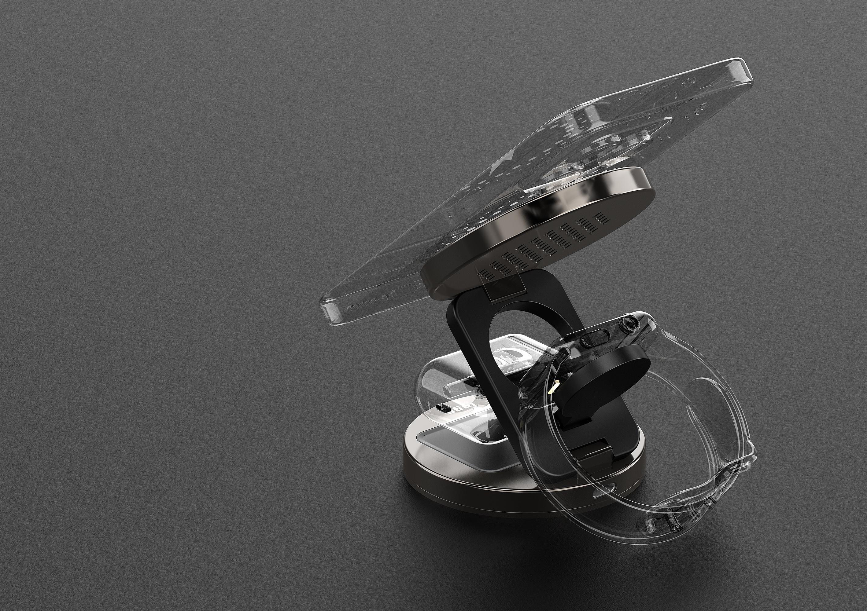 Wireless charging，product design，industrial design，Three in one wireless charging，3C digital products，