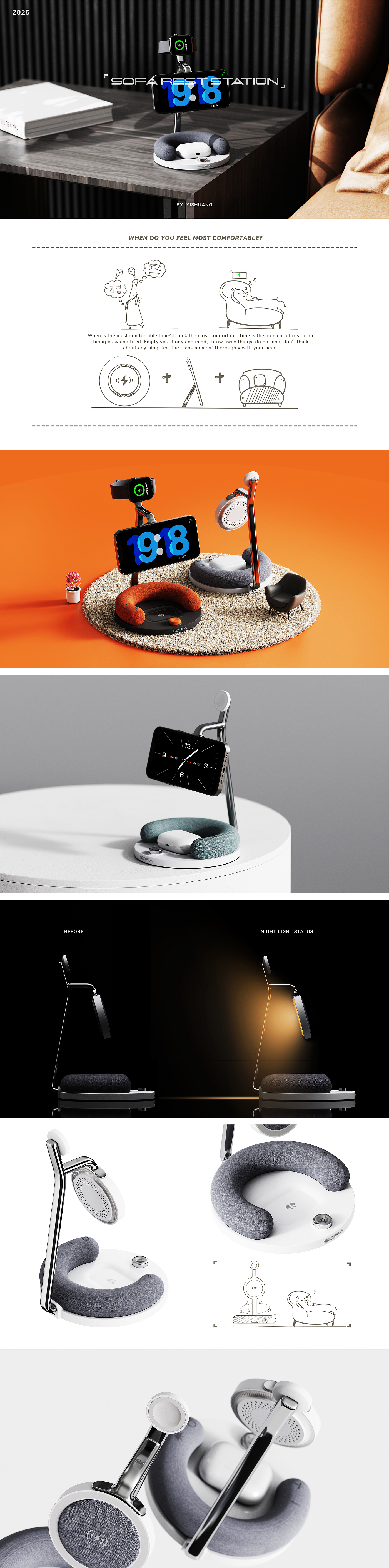 product design，Original concept，3-in-1 wireless charging，Mobile phone bracket，speaker，Night light，Home style，