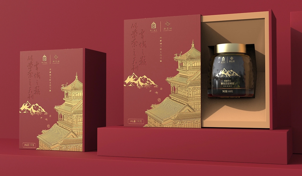 Forbidden City Food Packaging Design，Wild flowers honey gift box design，Honey Water Packaging Design，