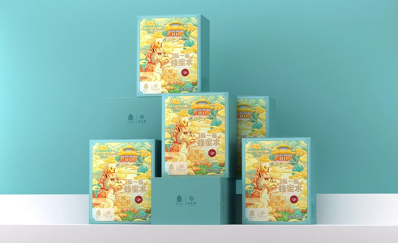 Forbidden City Food Packaging Design，Wild flowers honey gift box design，Honey Water Packaging Design，