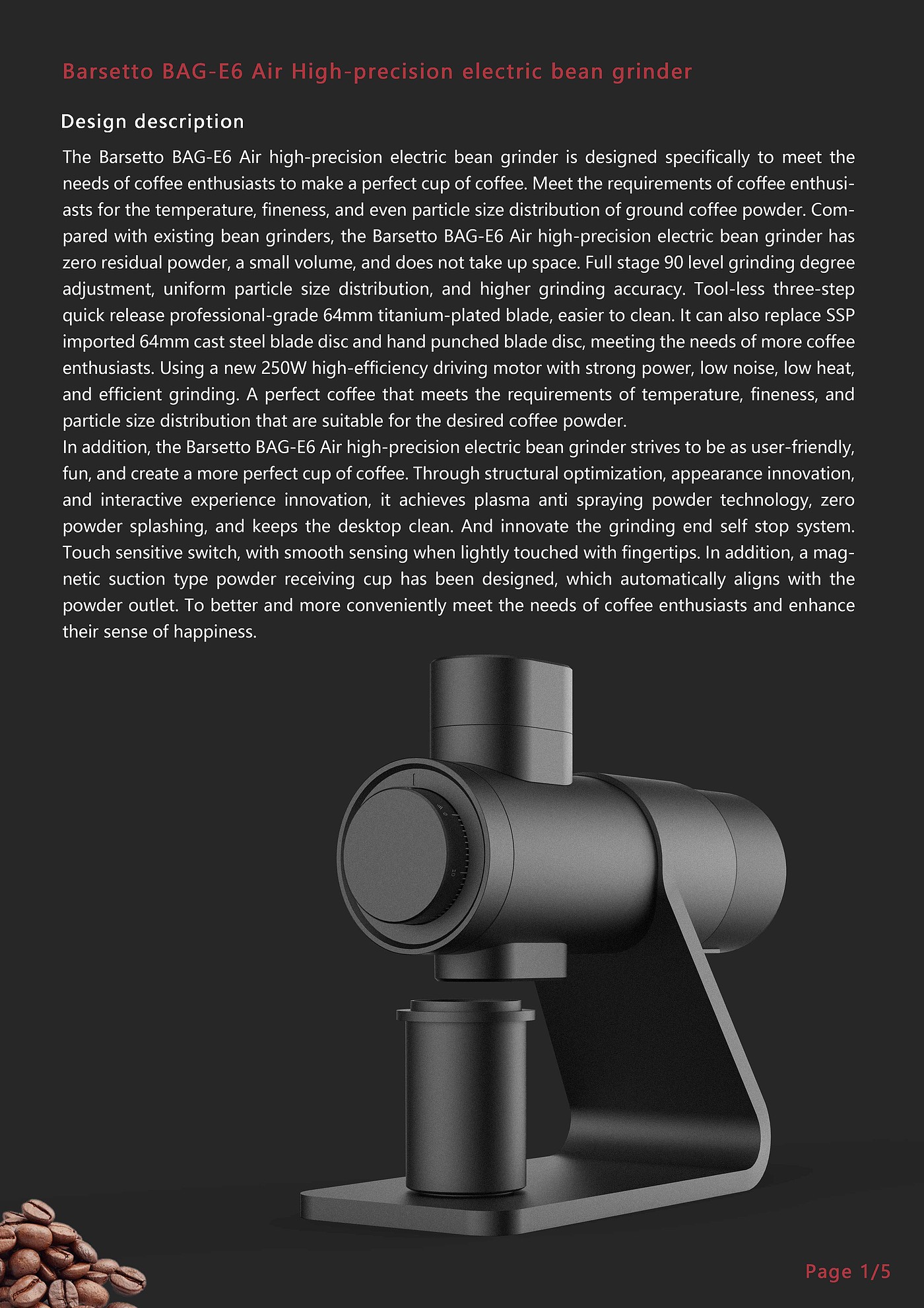 Yum figure E6Air boutique bean grinder，Upgrade 90 grind，64MM Titanium Plated Flat Knife，Magnetic attraction type powder cup，industrial design，product design，Barsetto，Yum Chart，
