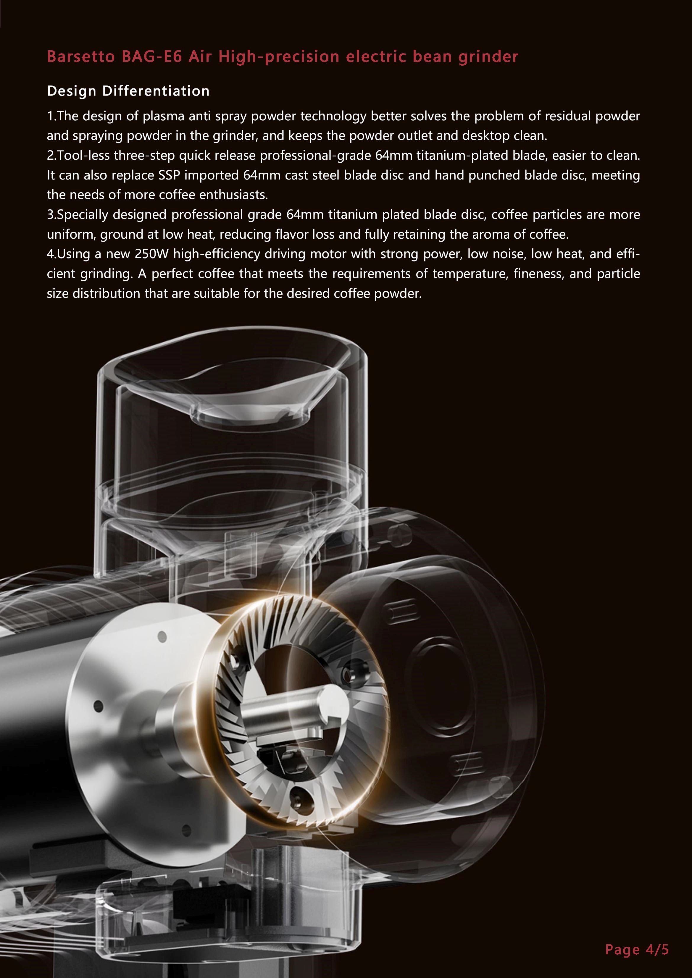 Yum figure E6Air boutique bean grinder，Upgrade 90 grind，64MM Titanium Plated Flat Knife，Magnetic attraction type powder cup，industrial design，product design，Barsetto，Yum Chart，