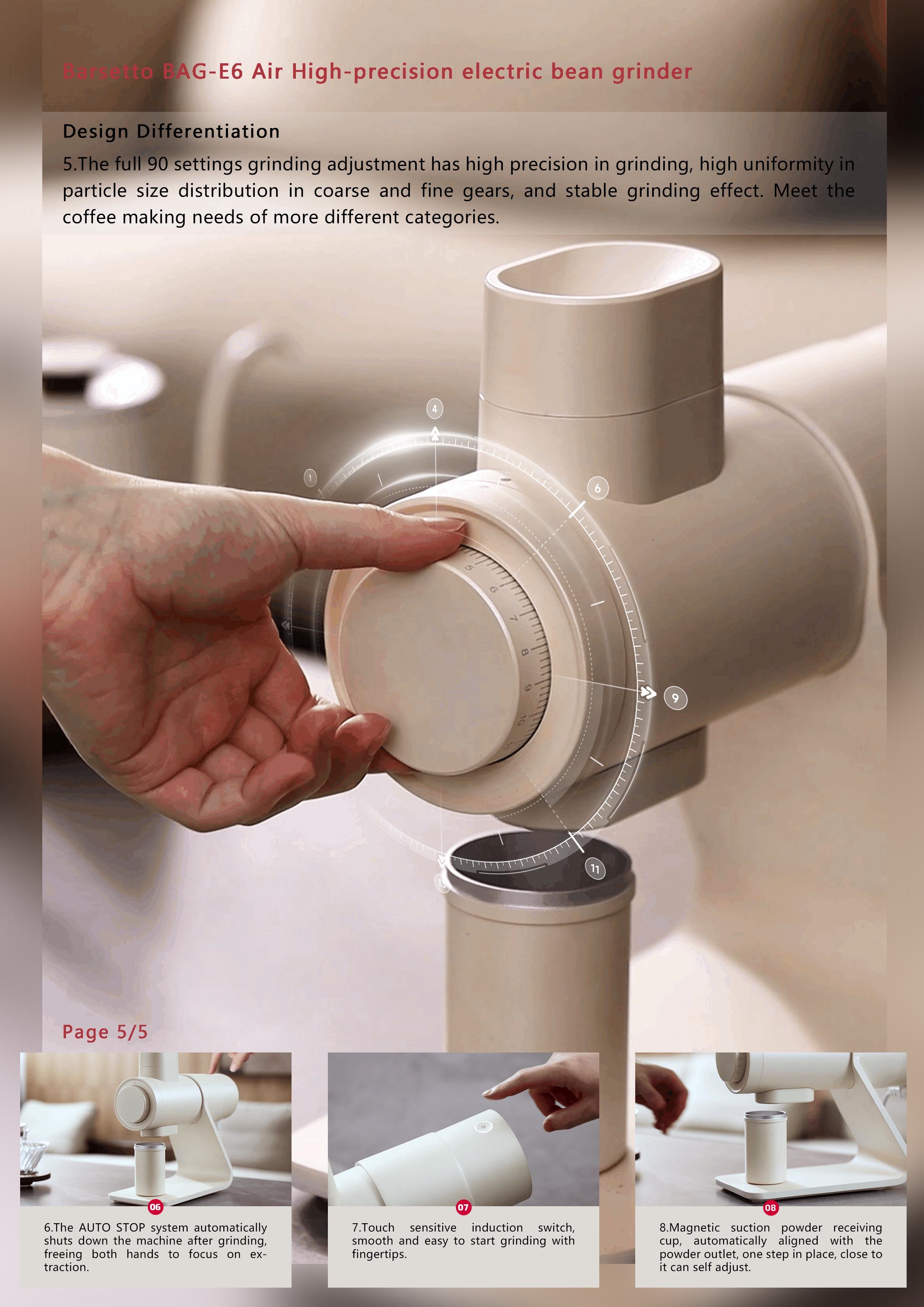 Yum figure E6Air boutique bean grinder，Upgrade 90 grind，64MM Titanium Plated Flat Knife，Magnetic attraction type powder cup，industrial design，product design，Barsetto，Yum Chart，