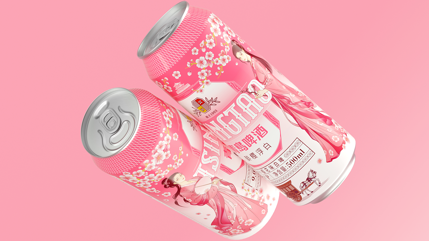 packing design，liquor，Tsingtao Beer，spring，Pan Hu，cherry blossoms，Packaging，Wine packaging，
