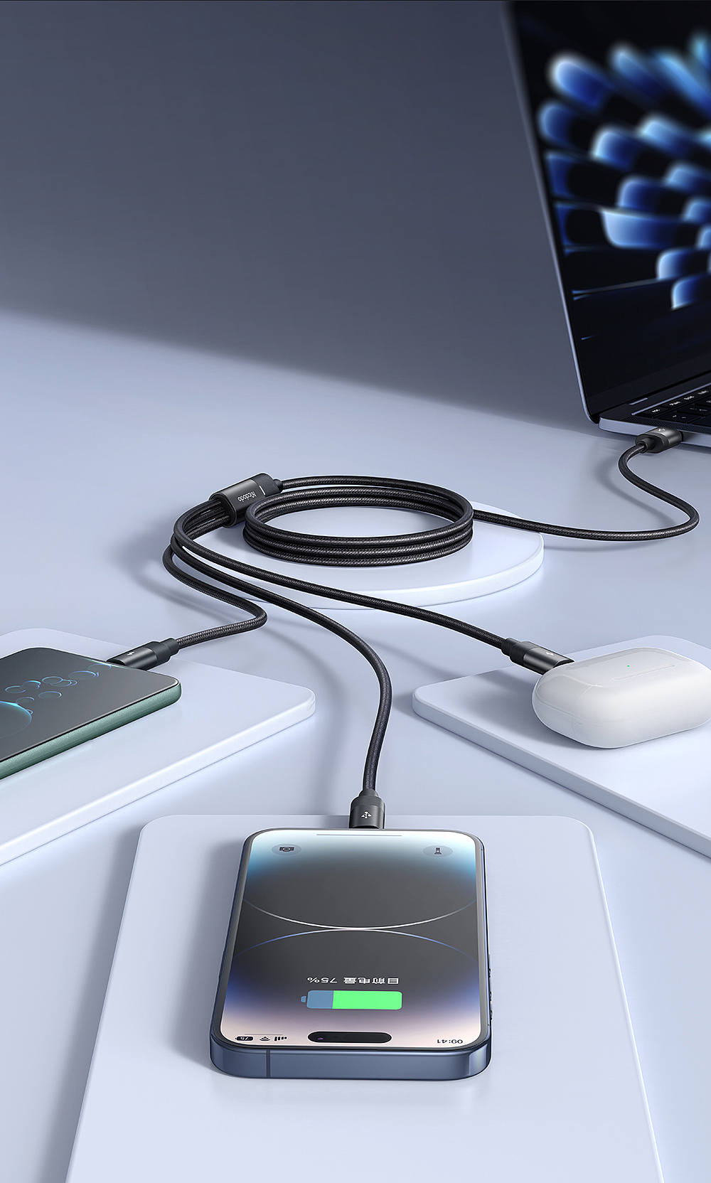 data line，charge，Lighting design，3-in -1 charging port，product design，Simple business，Multi-port compatible，One drag three，