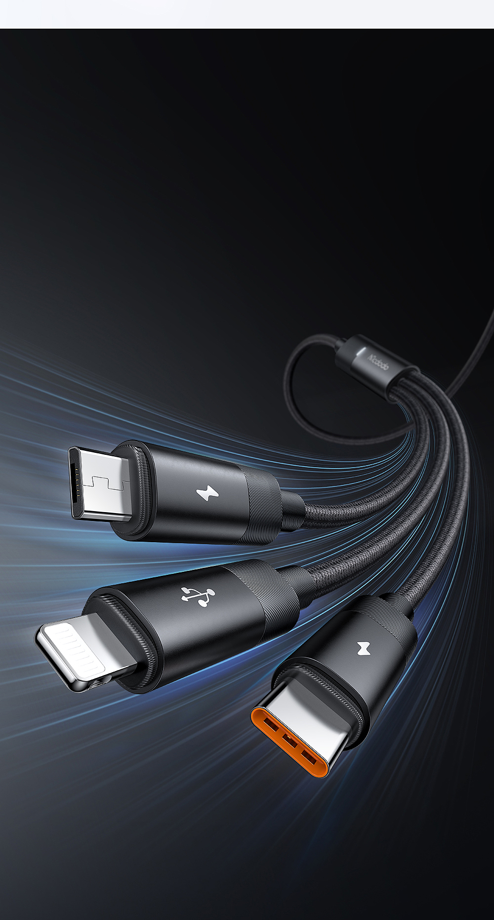 data line，charge，Lighting design，3-in -1 charging port，product design，Simple business，Multi-port compatible，One drag three，