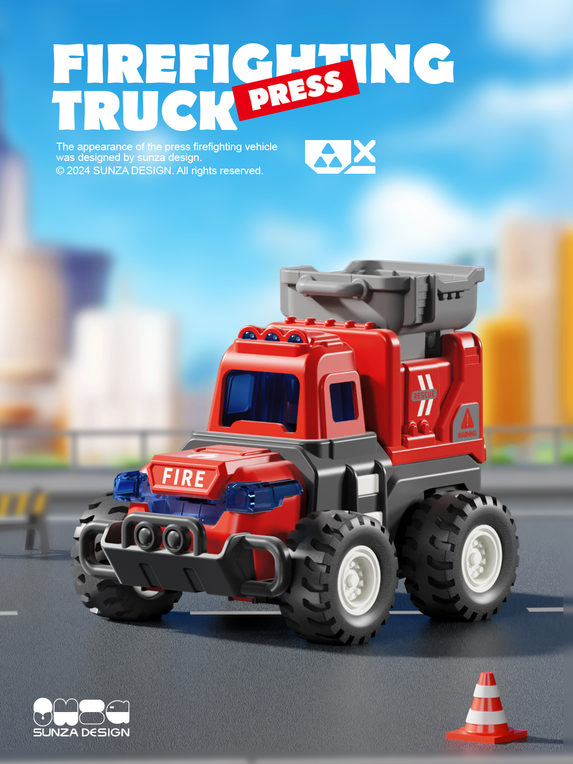 Press the car，fire engine，Engineering vehicle，Toy car，product design，packing design，Render，Toys，