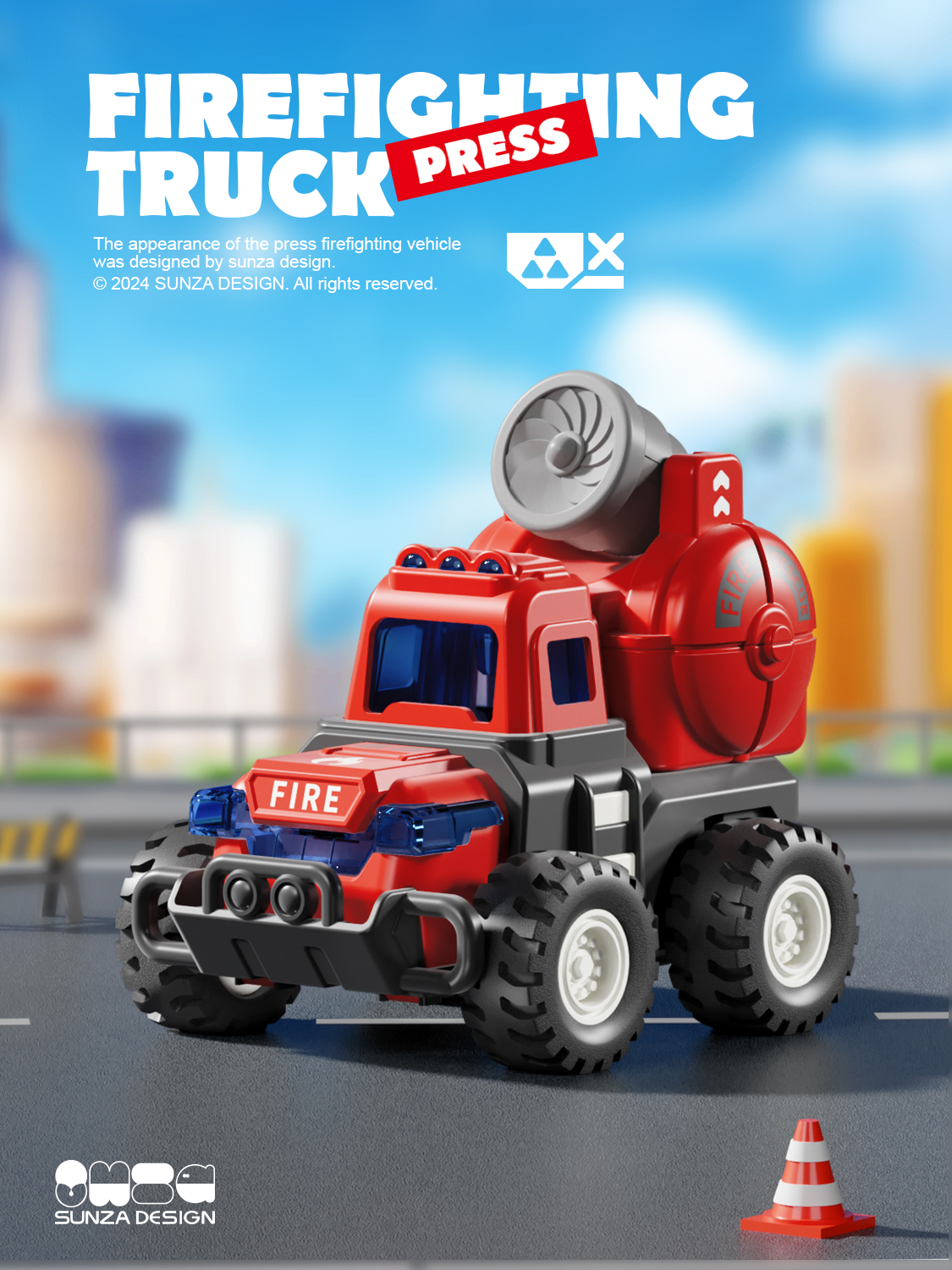 Press the car，fire engine，Engineering vehicle，Toy car，product design，packing design，Render，Toys，