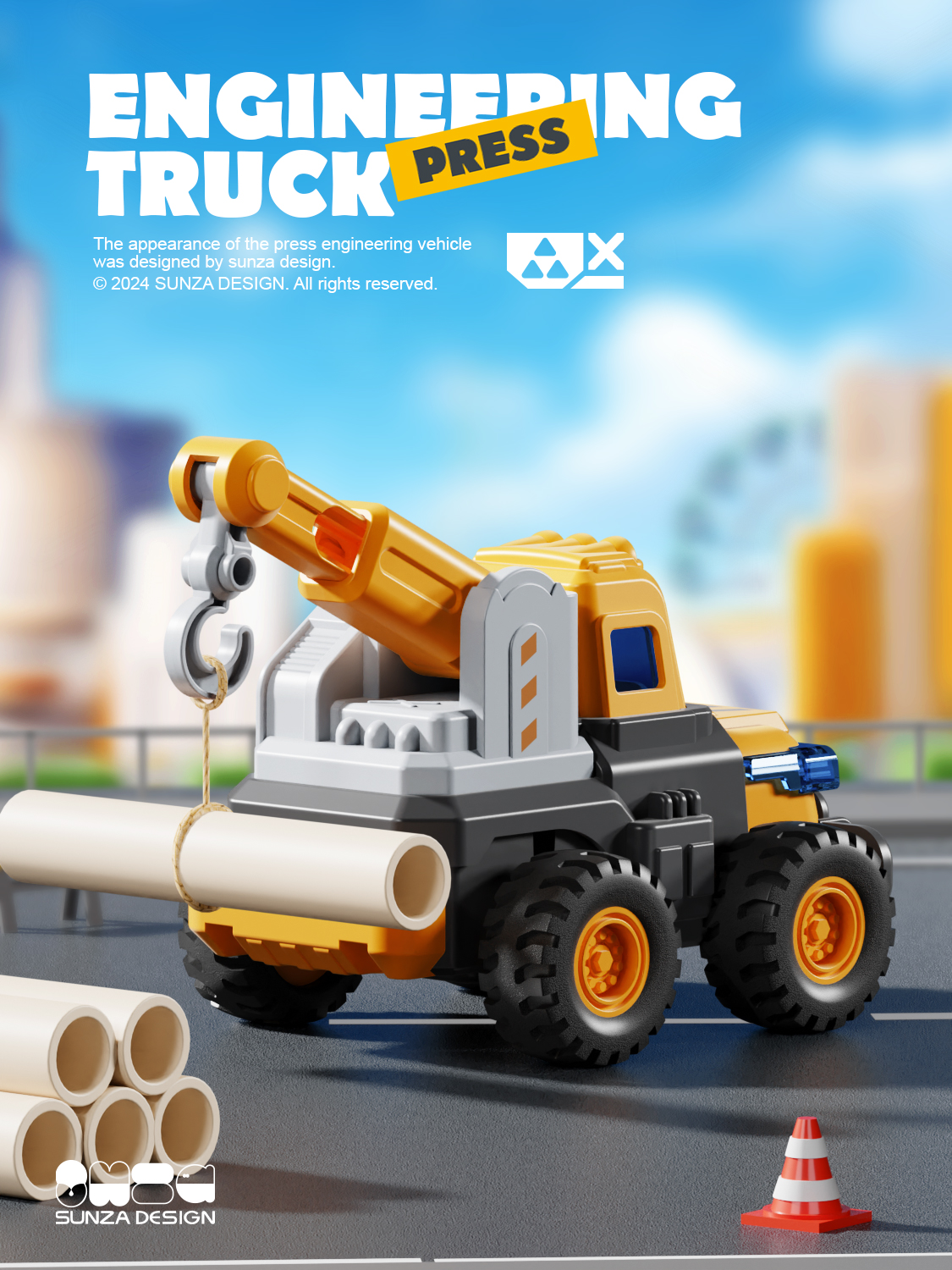 Press the car，fire engine，Engineering vehicle，Toy car，product design，packing design，Render，Toys，