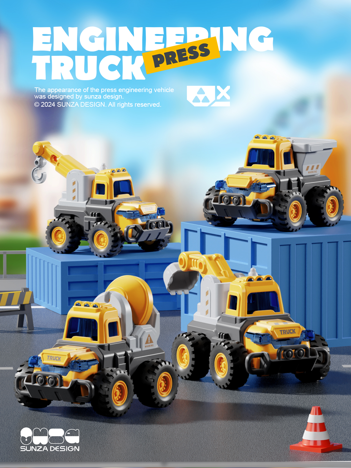 Press the car，fire engine，Engineering vehicle，Toy car，product design，packing design，Render，Toys，