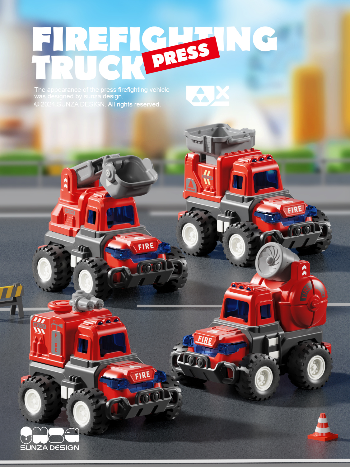Press the car，fire engine，Engineering vehicle，Toy car，product design，packing design，Render，Toys，