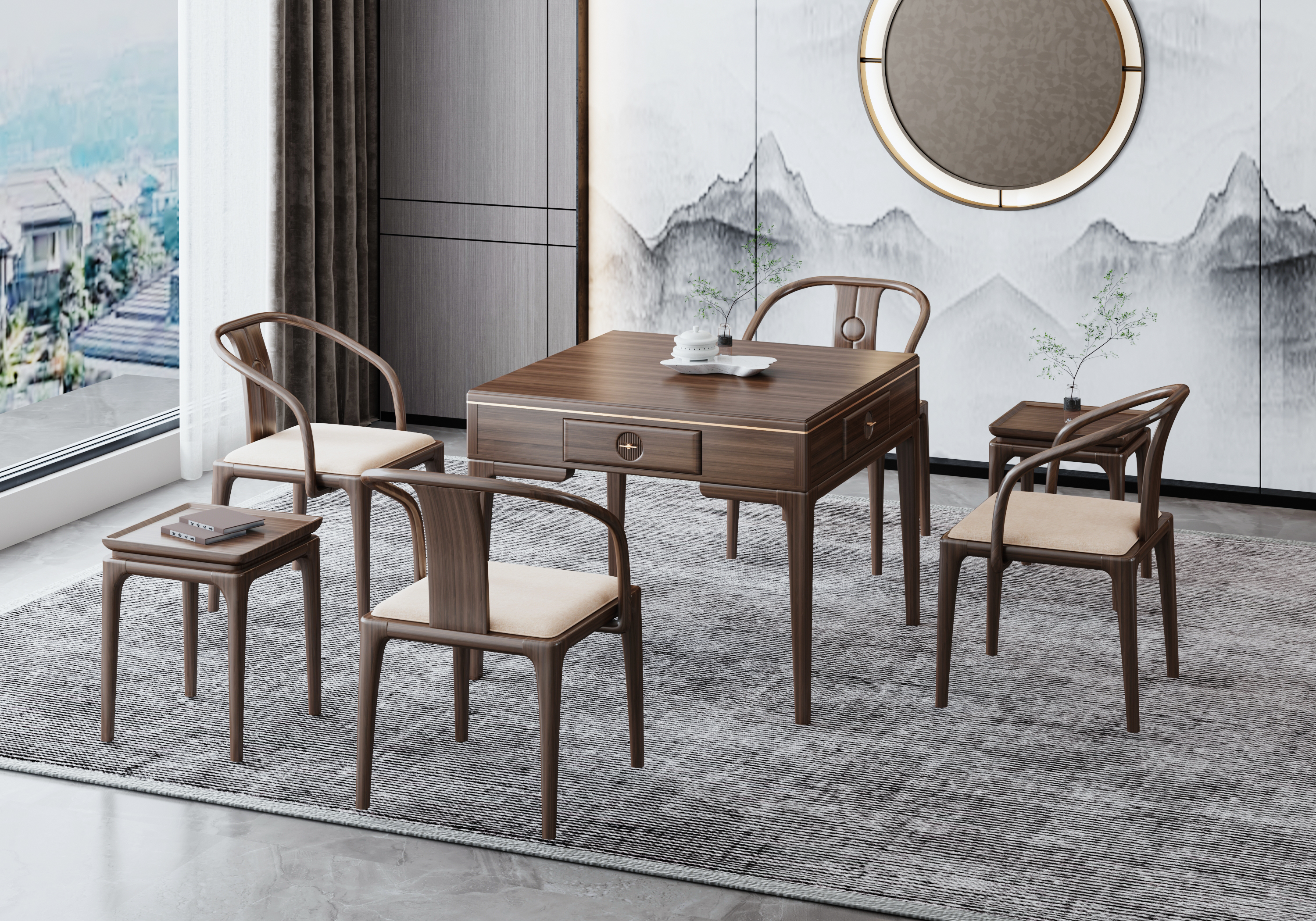 tea table，TV cabinet，Mahjong tables and chairs，soft bed，appearance，furniture，research and development，Tables and chairs，