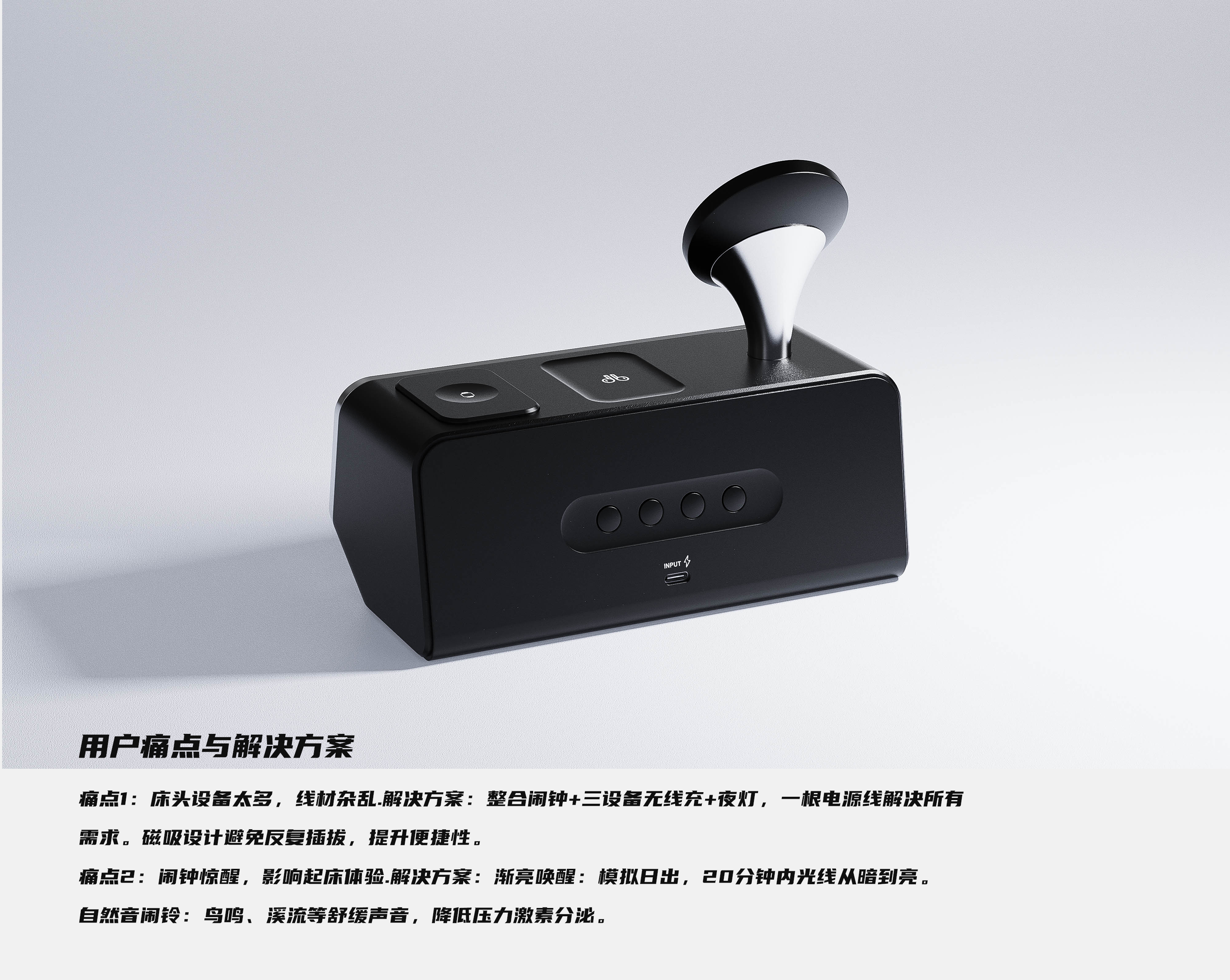 Desktop charging dock，Three in one wireless charging，Bedroom alarm clock，Night light，Multi-function charging station，Natural awakening，