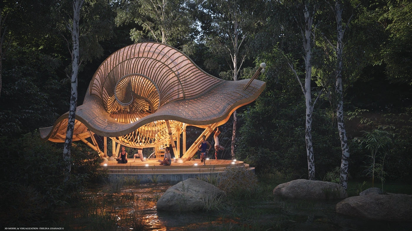 bamboo building，Snail，Yoga Space，Yoga Shala，
