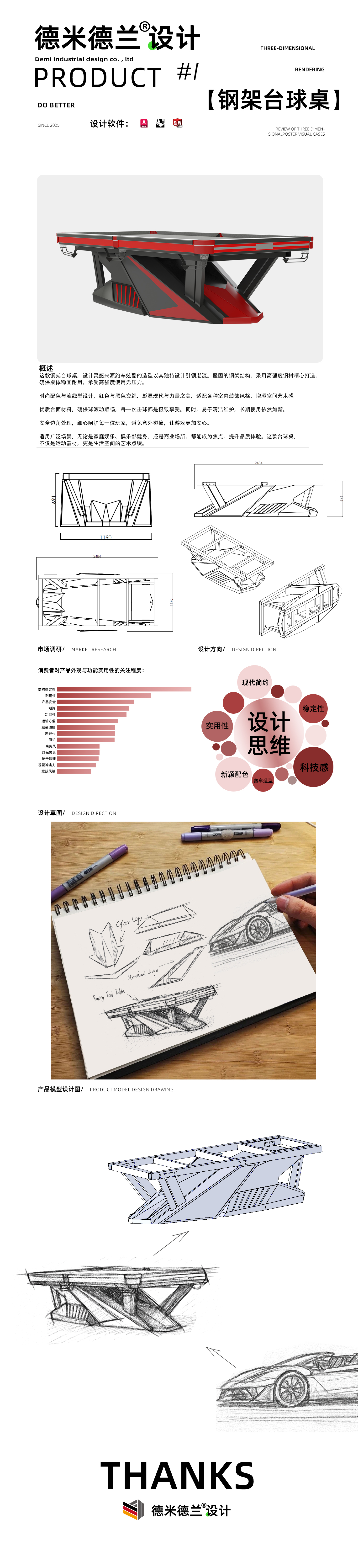 De Midland Industrial Design Steel Frame Billiard Table Product Design Case，