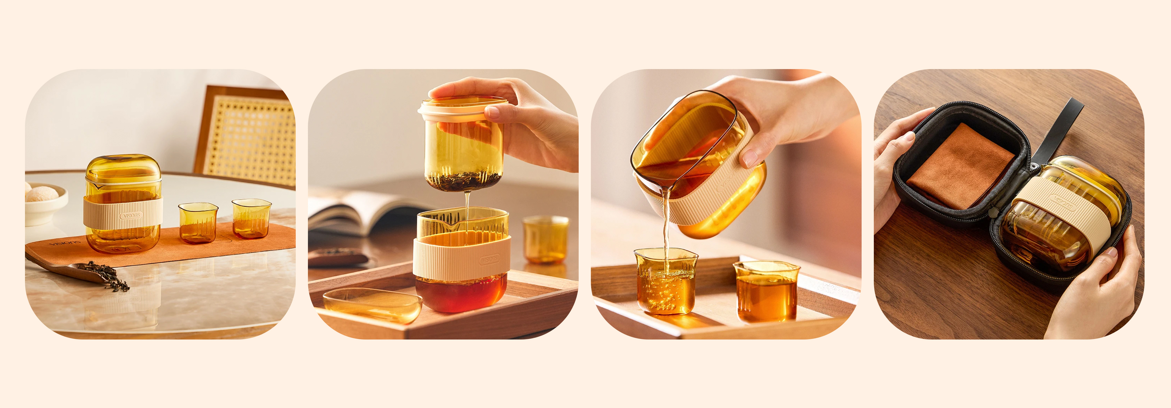 tea set，Portable tea set，flower receptacle，Glass tea set，High borosilicate glass，Outdoor Tea Set，Amber Primary，