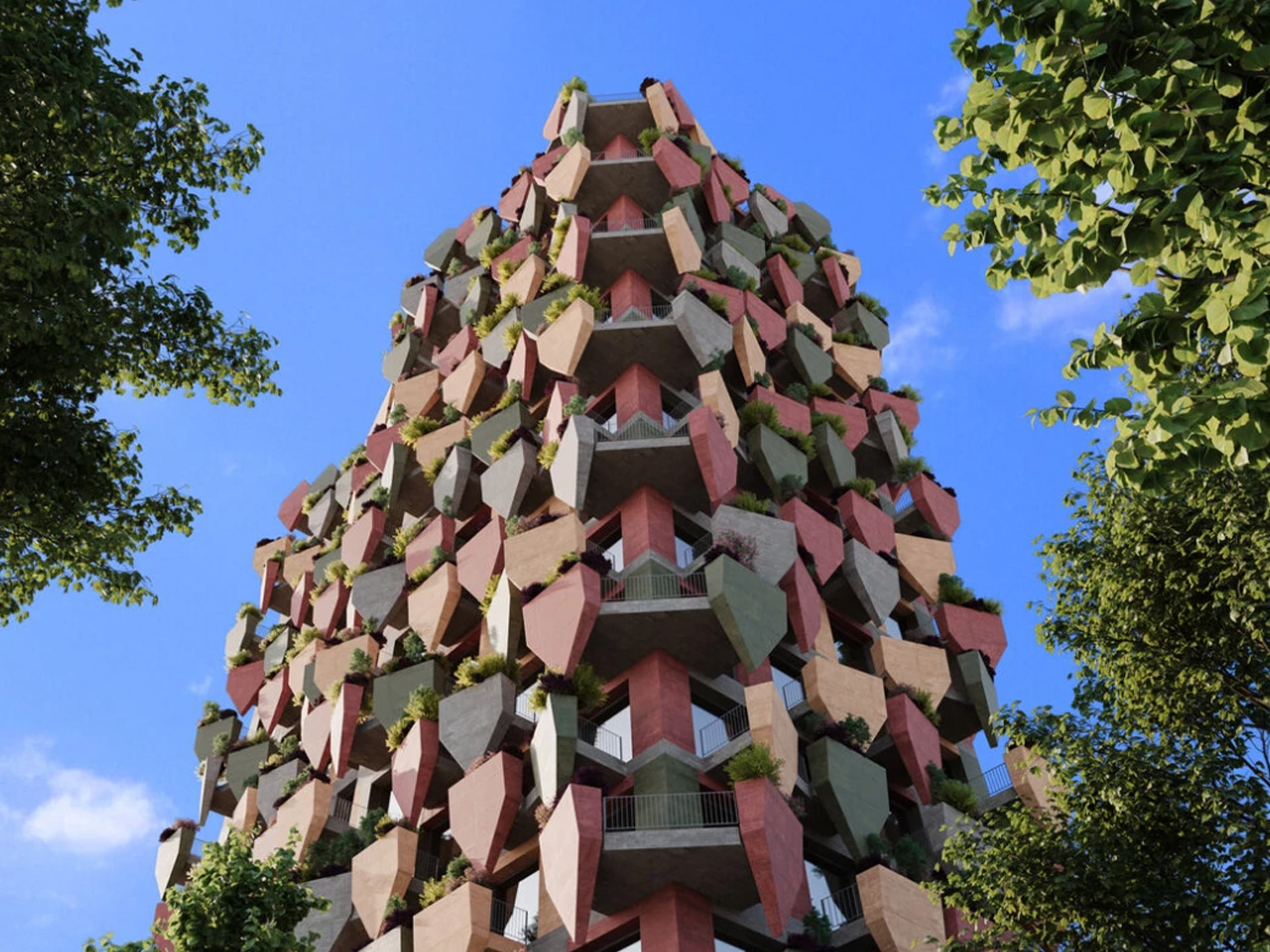 geometric flowerpot，Vlore，Sustainable Building，Dynamic Green Leaf Tower，