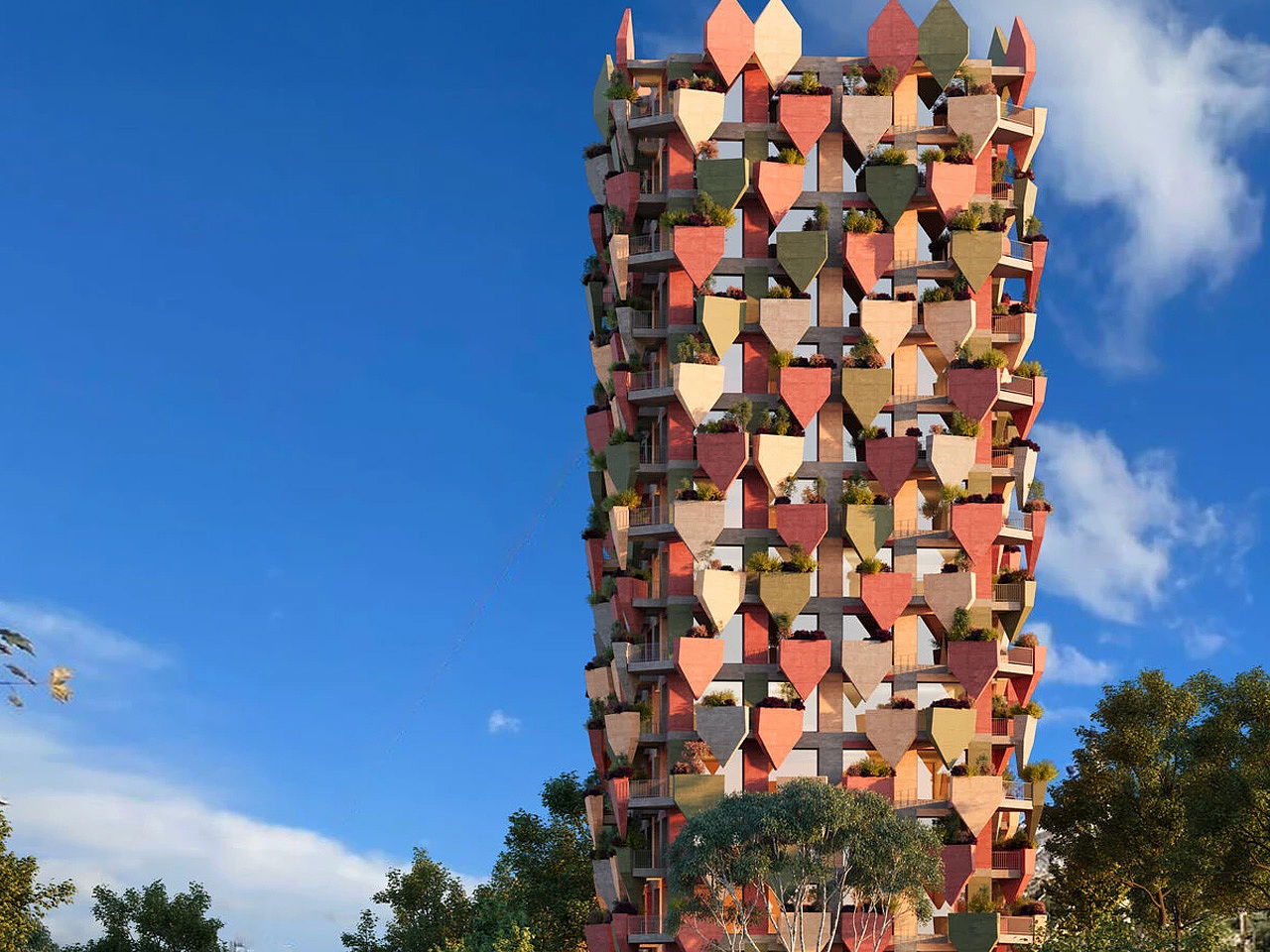 geometric flowerpot，Vlore，Sustainable Building，Dynamic Green Leaf Tower，