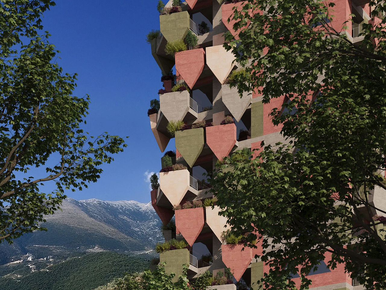 geometric flowerpot，Vlore，Sustainable Building，Dynamic Green Leaf Tower，