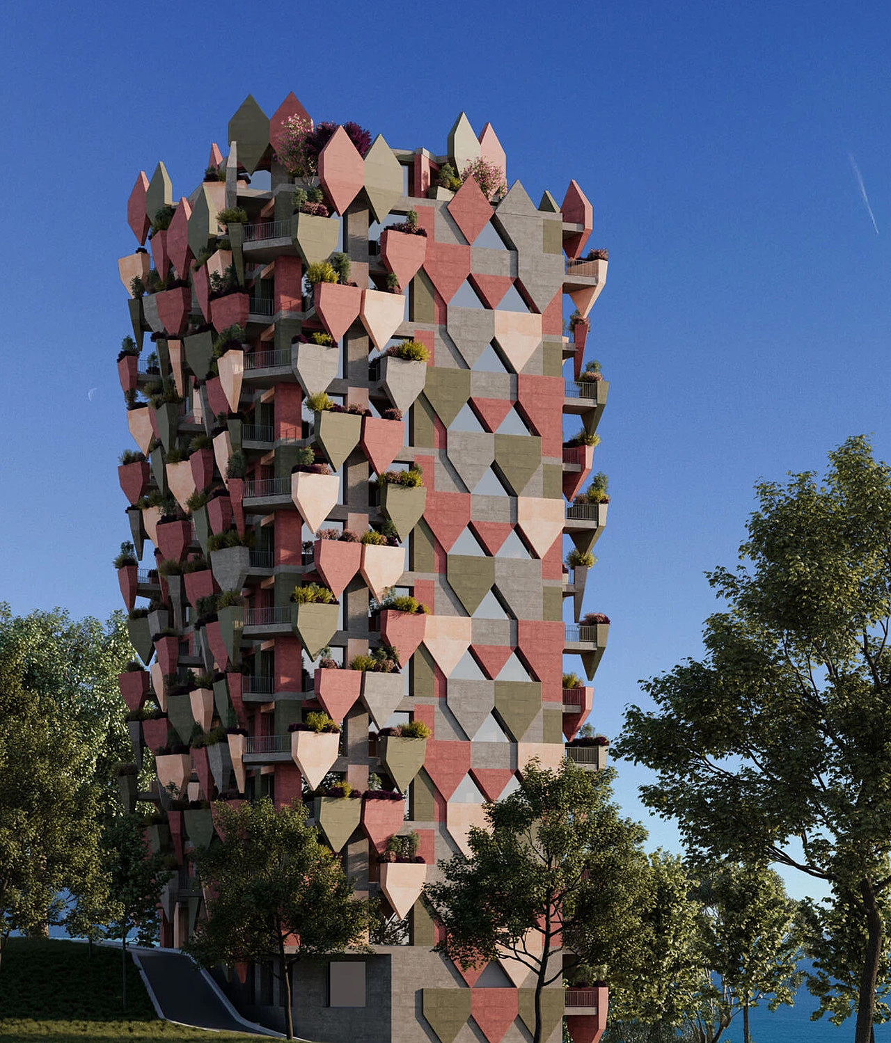 geometric flowerpot，Vlore，Sustainable Building，Dynamic Green Leaf Tower，