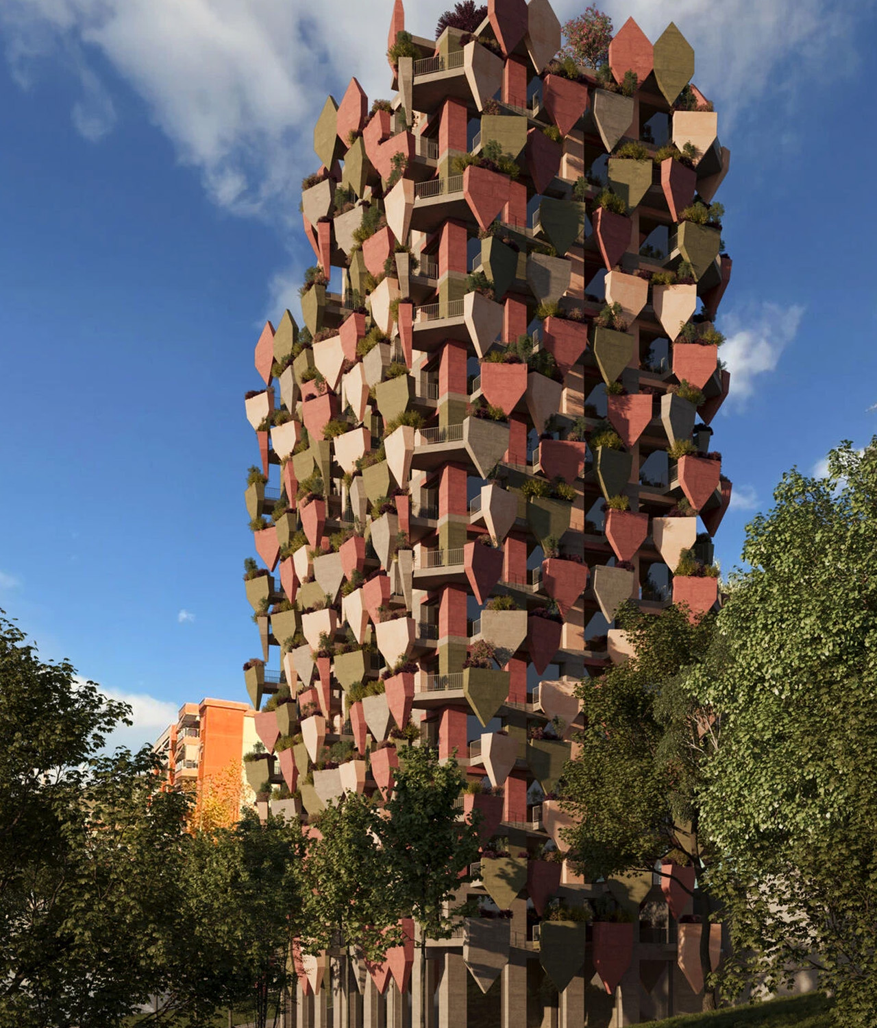 geometric flowerpot，Vlore，Sustainable Building，Dynamic Green Leaf Tower，