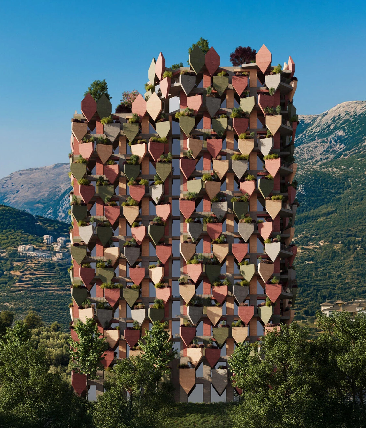 geometric flowerpot，Vlore，Sustainable Building，Dynamic Green Leaf Tower，