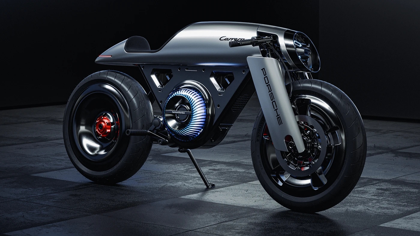 vehicle，Electric motorcycle，Porsche Café Racer，industrial design，