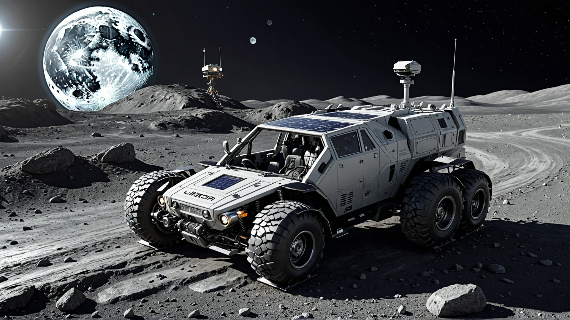 lunar rover，Engineering vehicle，Alien，prospecting，Base，AIGC，