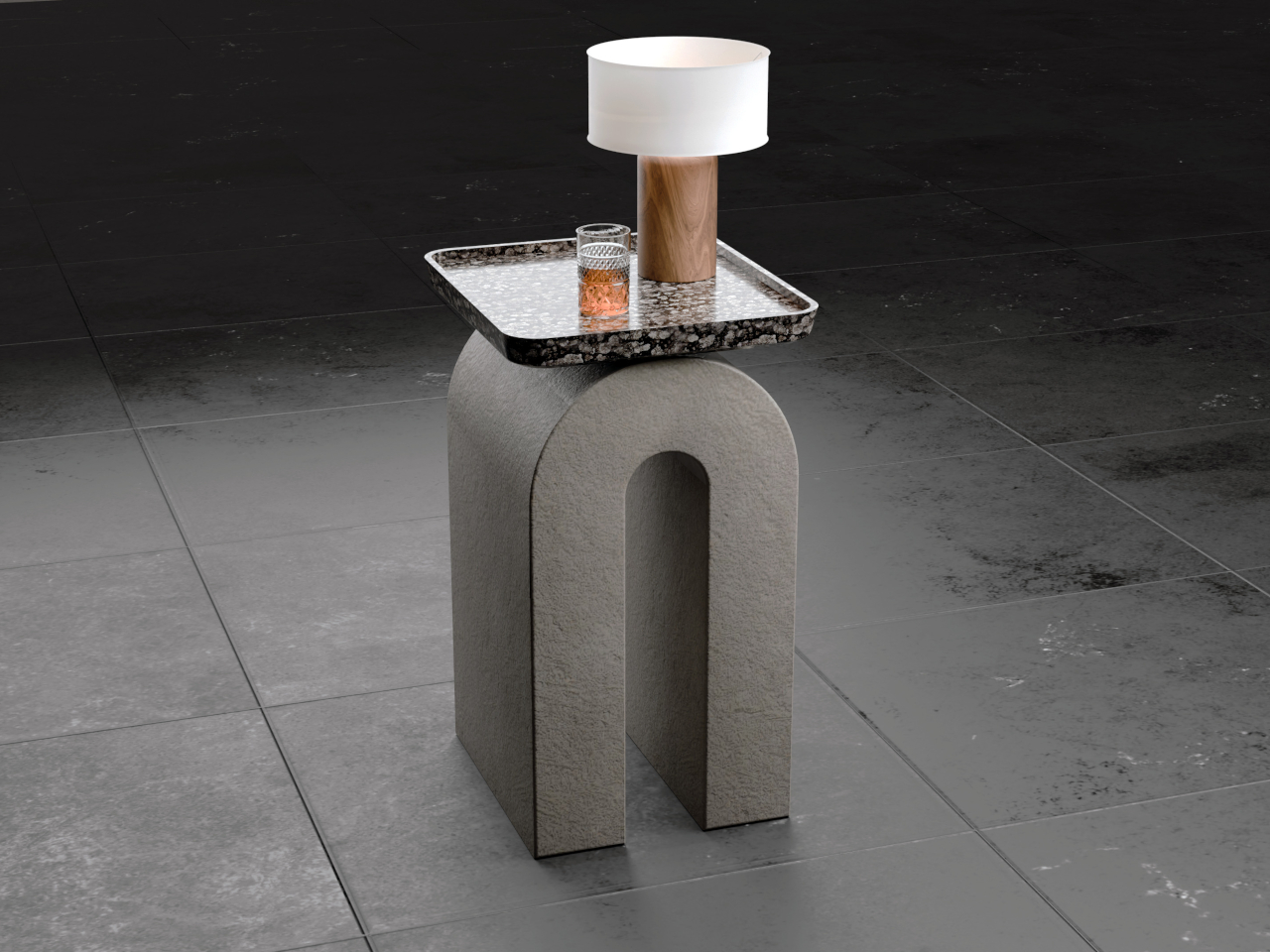 Side table，concrete arch bridge，Marble texture，Sculpture furniture，visual effect，