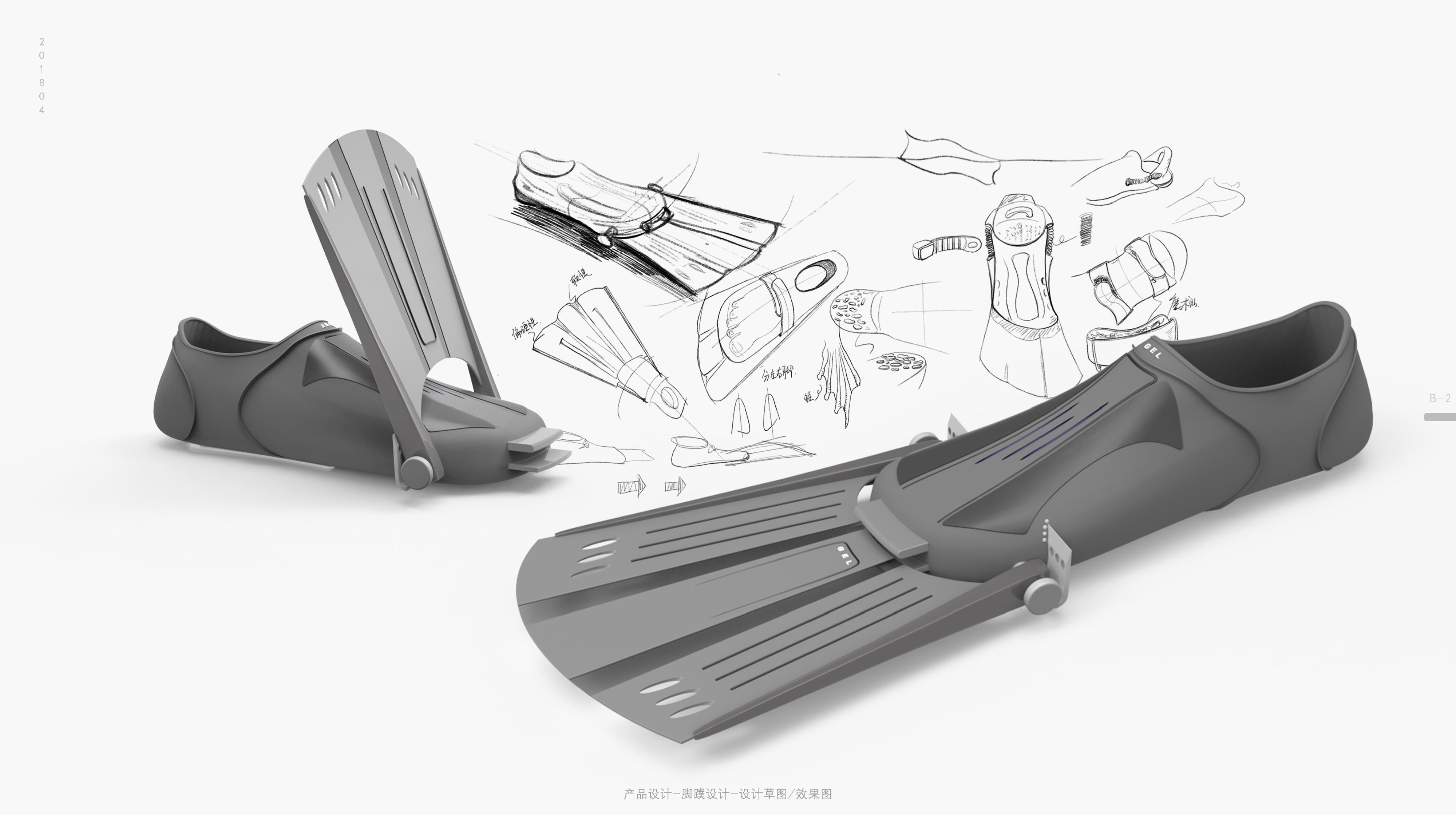 Flippers, product design, hydrodynamics, frog kick，
