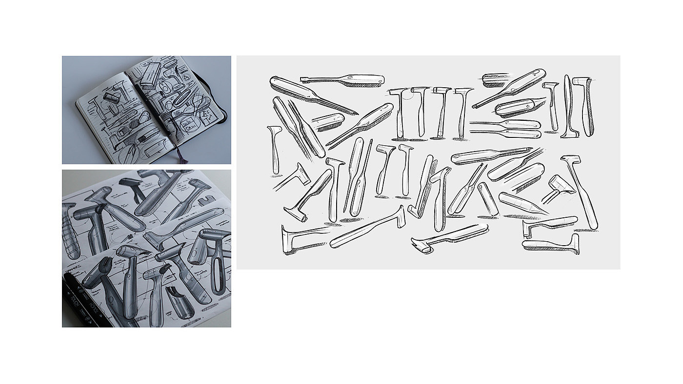 生活工具设计，机械工具设计，锤子，螺丝刀，时尚简约，整体造型，圆柱体的设计，手绘图发散，工具设备，刀具设计，