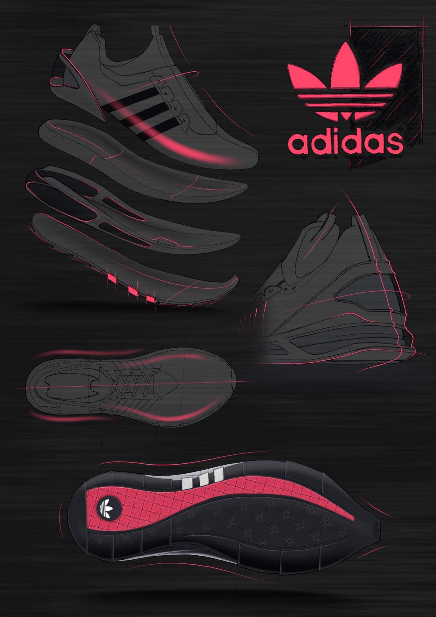 adidas，Hand drawn，conceptual design，sneakers，