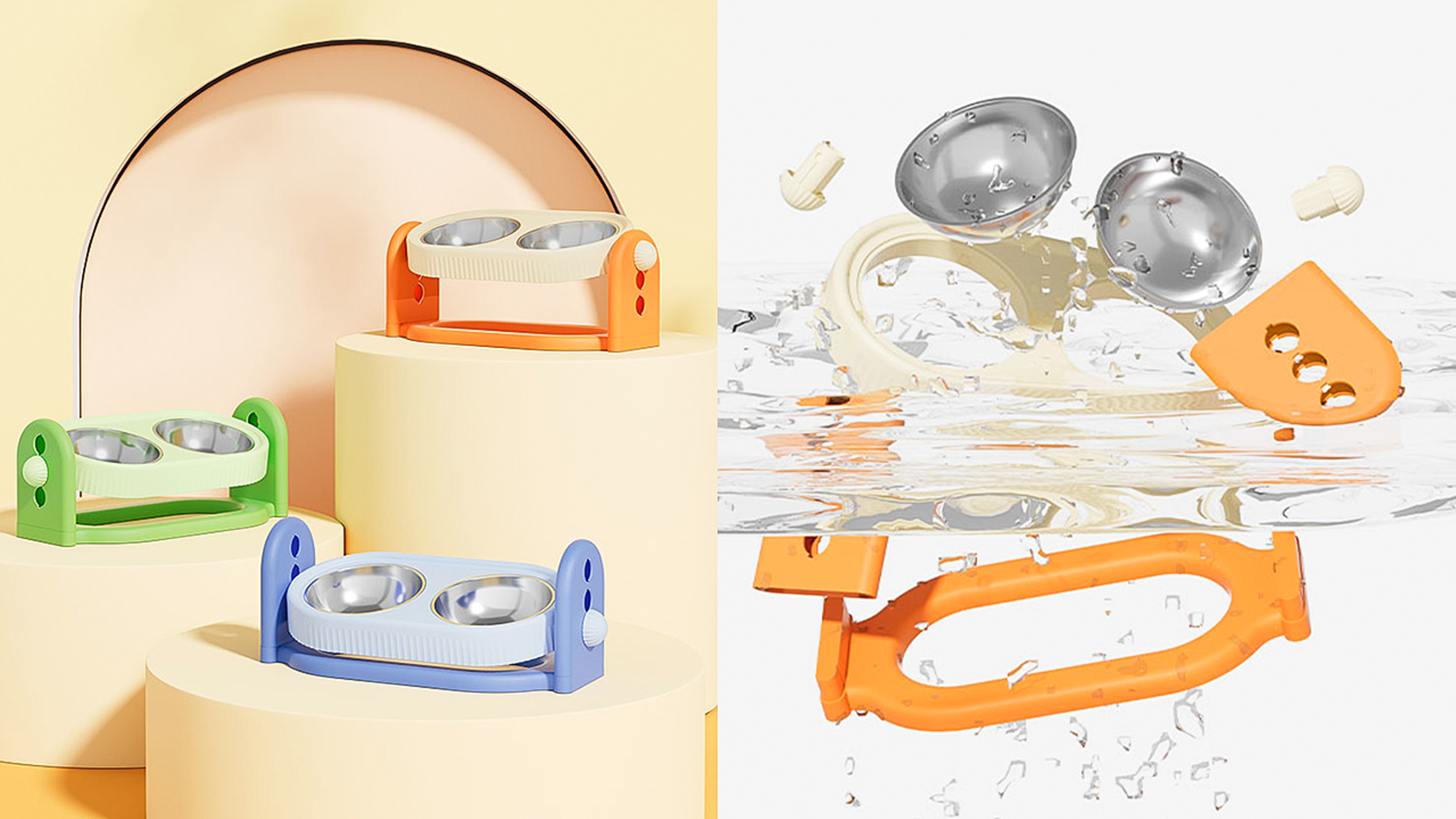 Pet Supplies & Pet，Pet Adjustable Double Bowl，Pet feeder，product design，Structural design，industrial design，Pet neck protection can lift double bowl design，Appearance design，