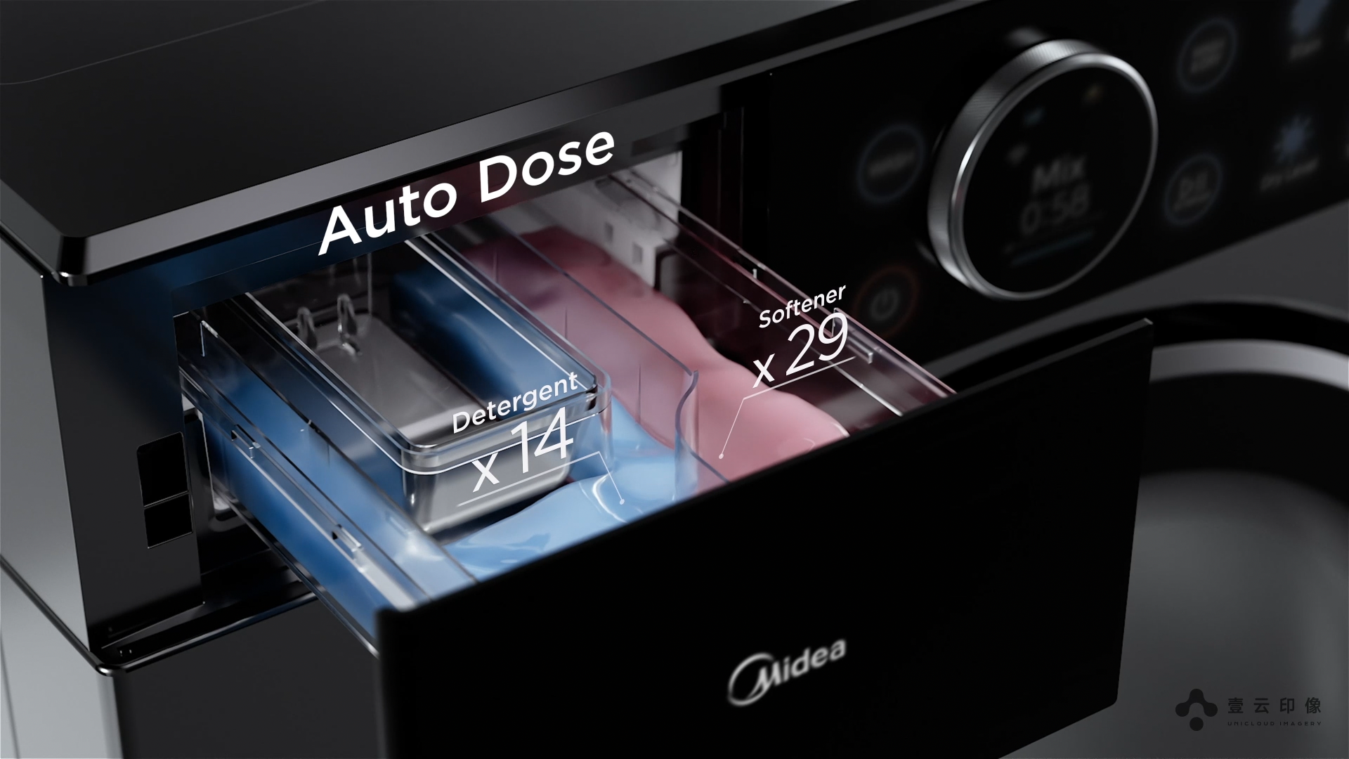 CG commercials，Home Appliances Promotional Film，Product function display，Fluid Rendering，3D animation，Washing machine publicity，Beautiful，Scene rendering，