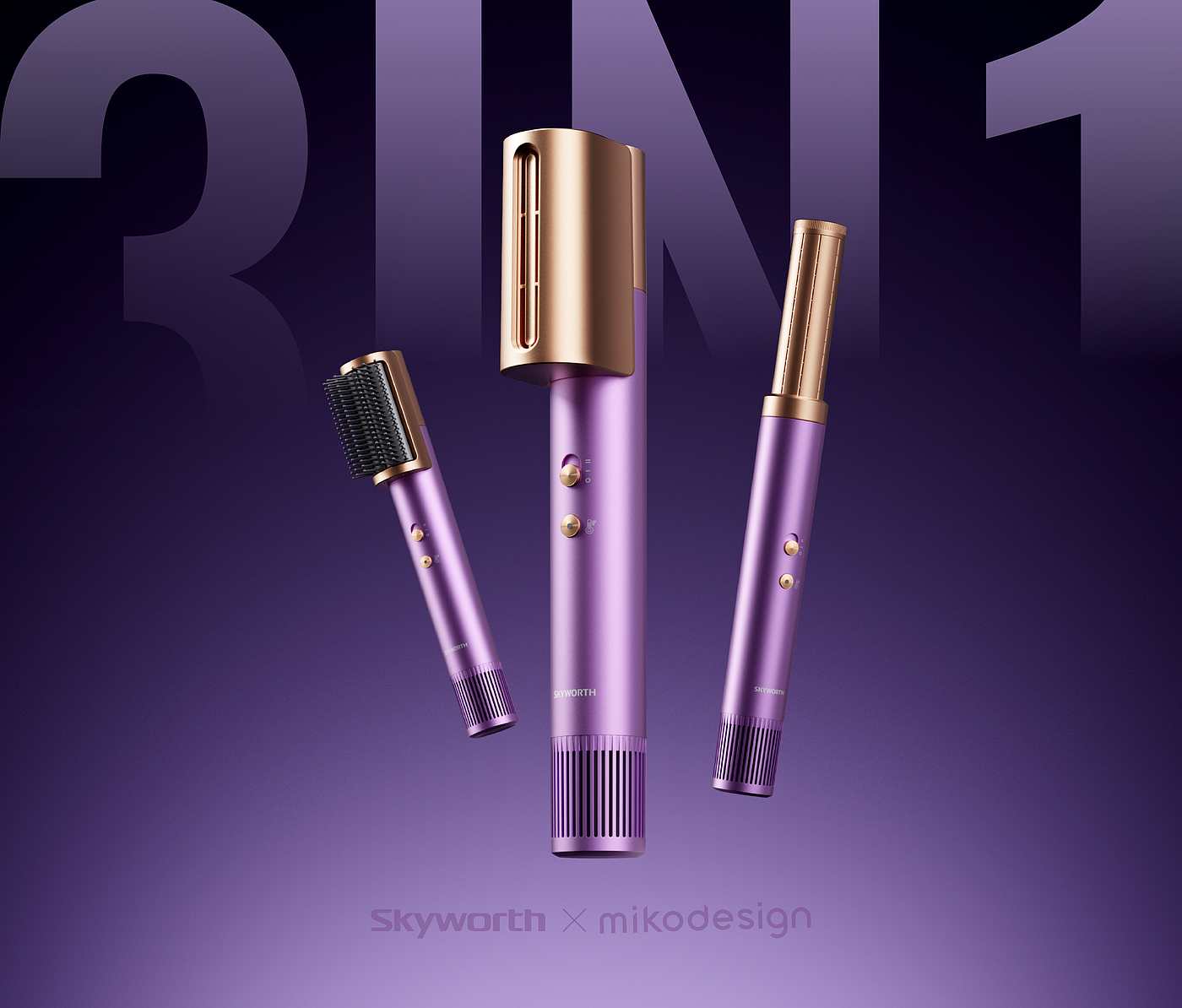 industrial design，hair drier，3IN1 Hair dryer，Multi-function hair dryer，Straight roll blow three in one，Air curling wand，3D rendering，product design，