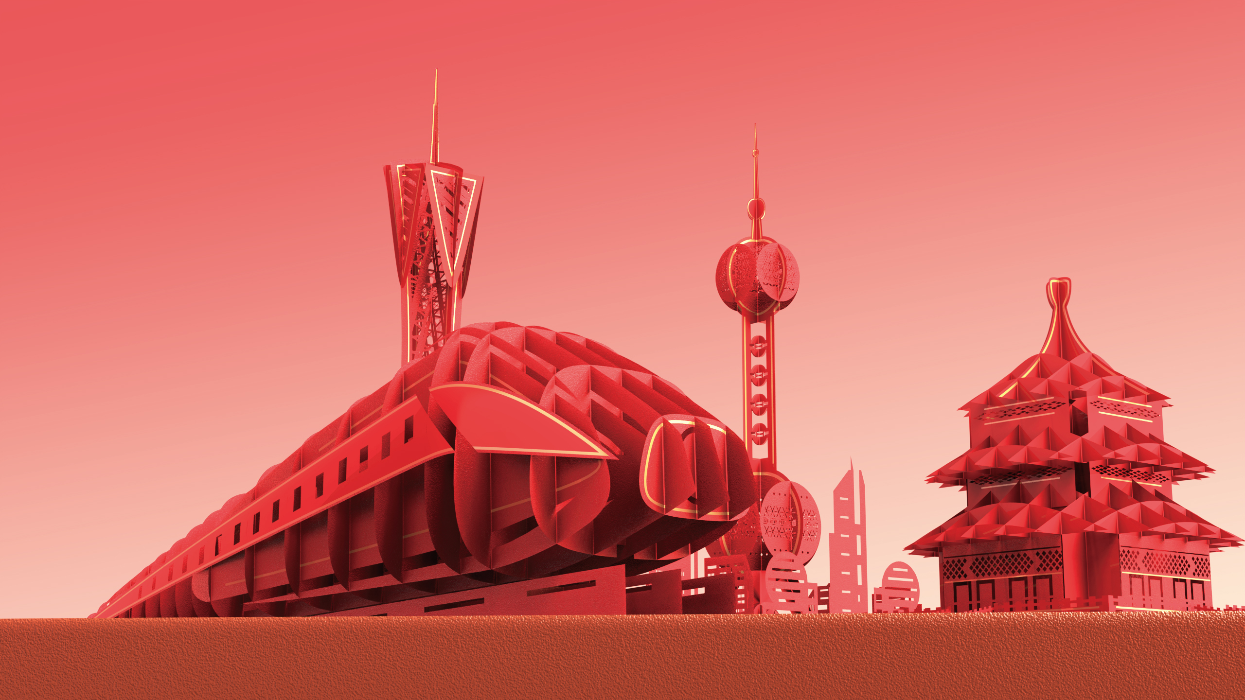 Greeting card，National Rite，Cultural and creative design，Canton Tower，Temple of Heaven，Oriental Pearl，Motor car，