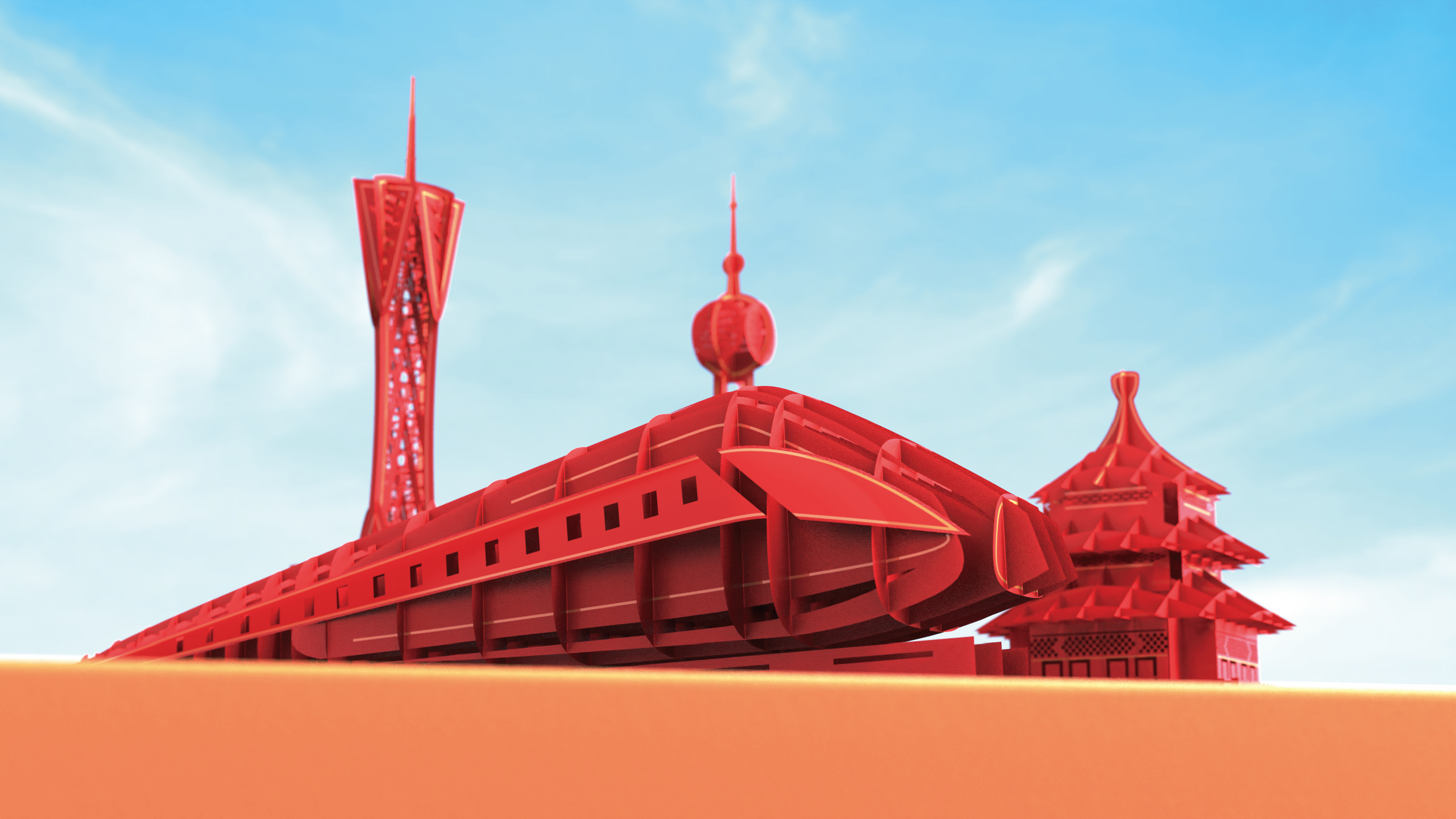 Greeting card，National Rite，Cultural and creative design，Canton Tower，Temple of Heaven，Oriental Pearl，Motor car，