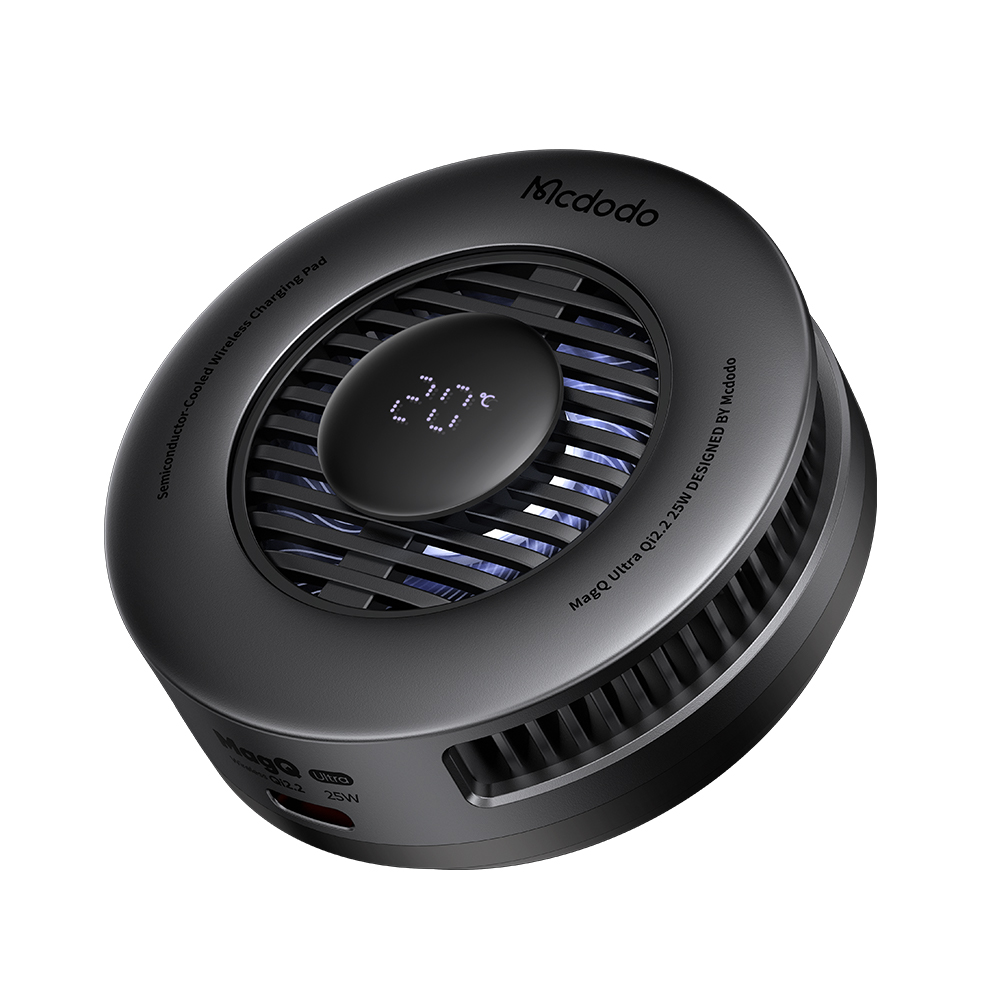 Qi2.2 wireless charge 25W，Turbofan，Breathing light interaction，AI temperature control real-time digital display，metal heat dissipation grid，apple ecology，Active cooling temperature control，Simple business，