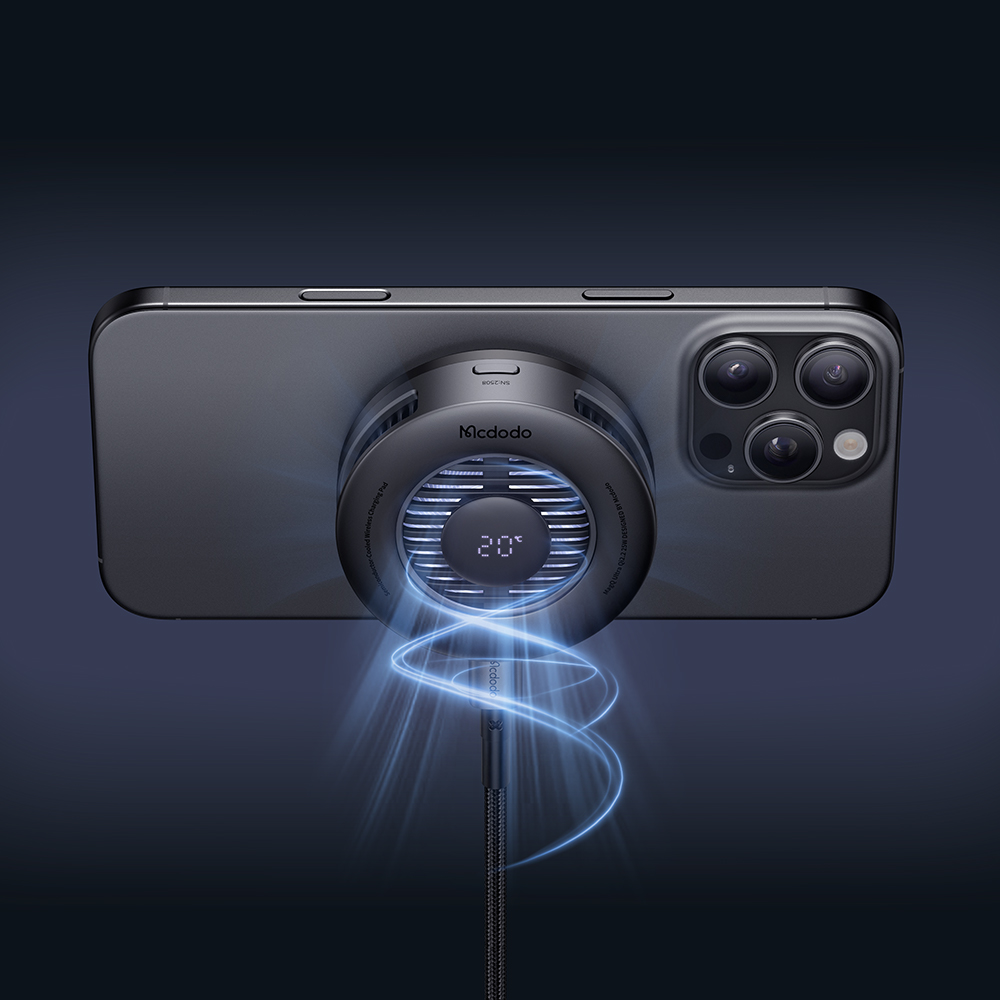 Qi2.2 wireless charge 25W，Turbofan，Breathing light interaction，AI temperature control real-time digital display，metal heat dissipation grid，apple ecology，Active cooling temperature control，Simple business，