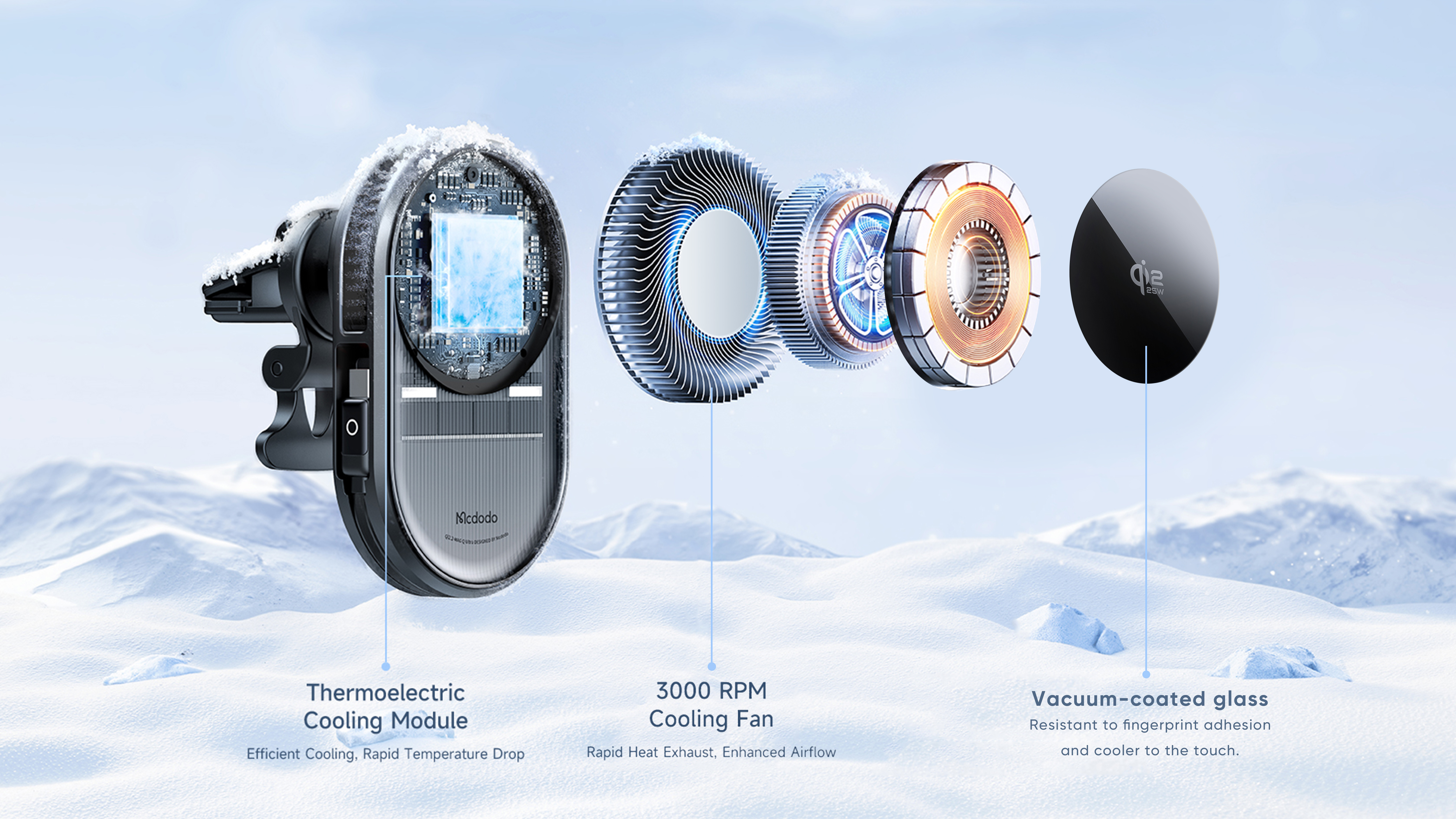 Qi2.2 wireless charging，TEC Semiconductor Active Cooling Technology，Telescopic cable module for retractable storage，Light interaction，Ultra-thin turbo fan，Robust new bracket，Compatible with Apple 17 fast charge，Family design，