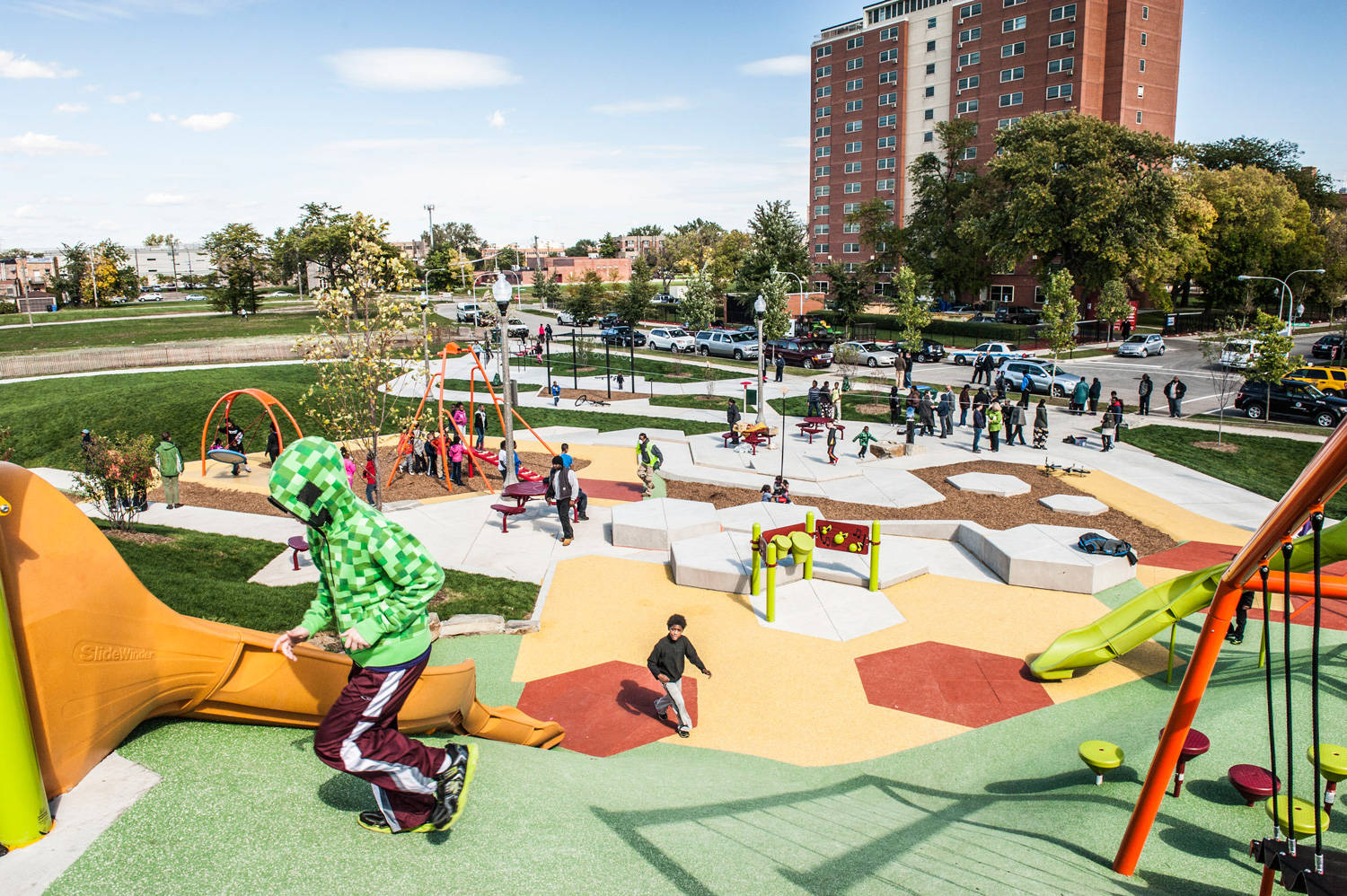 Amusement park design，environmental design，children，parent-child interaction ，outdoor，Play with water，sandy beach，forest，children，hexagon，