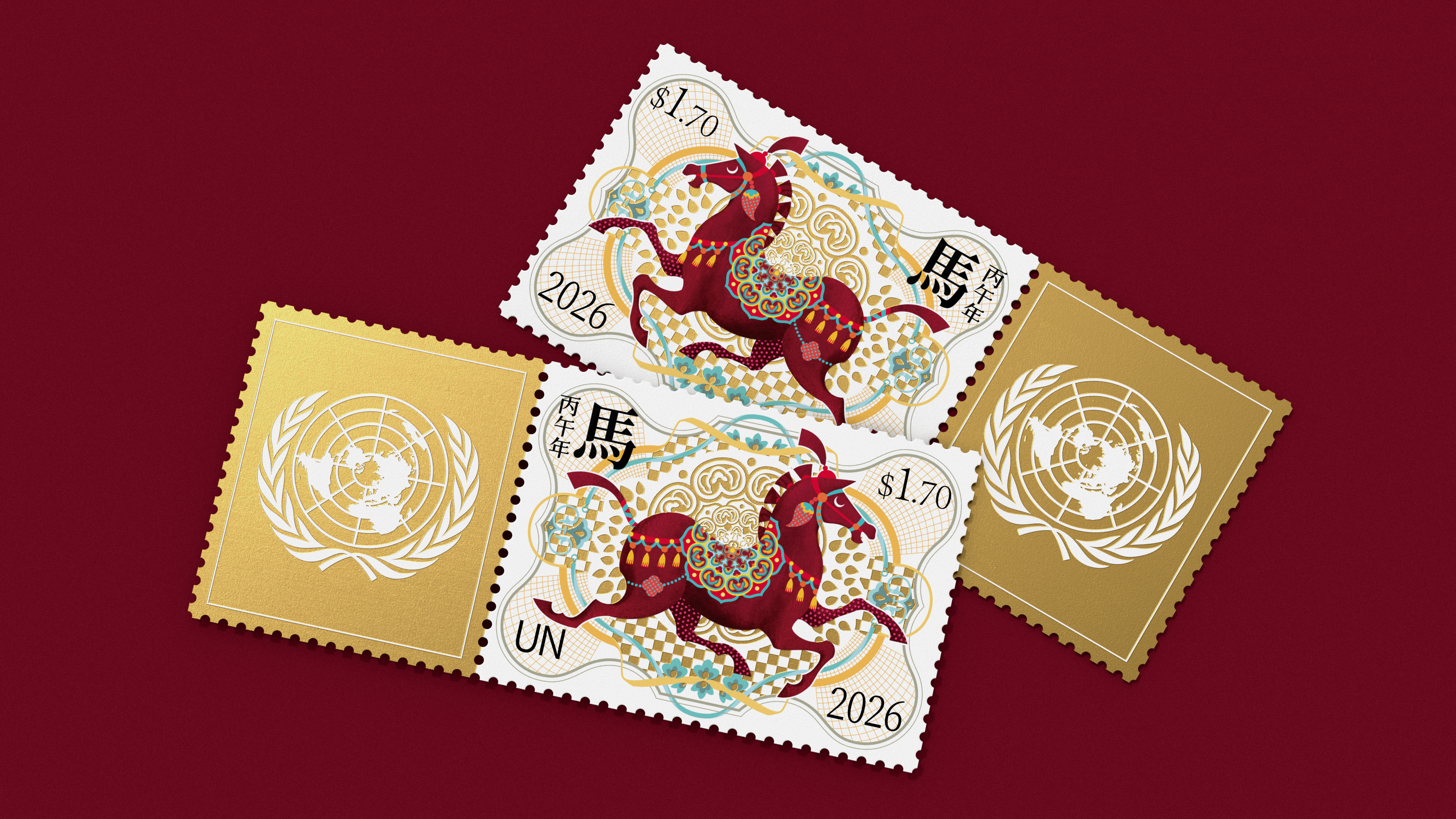 stamp，Illustration，Vector Illustration，United Nations Stamps，Year of the Zodiac Horse，traditional culture，Postage Stampes ，Pan Hu，