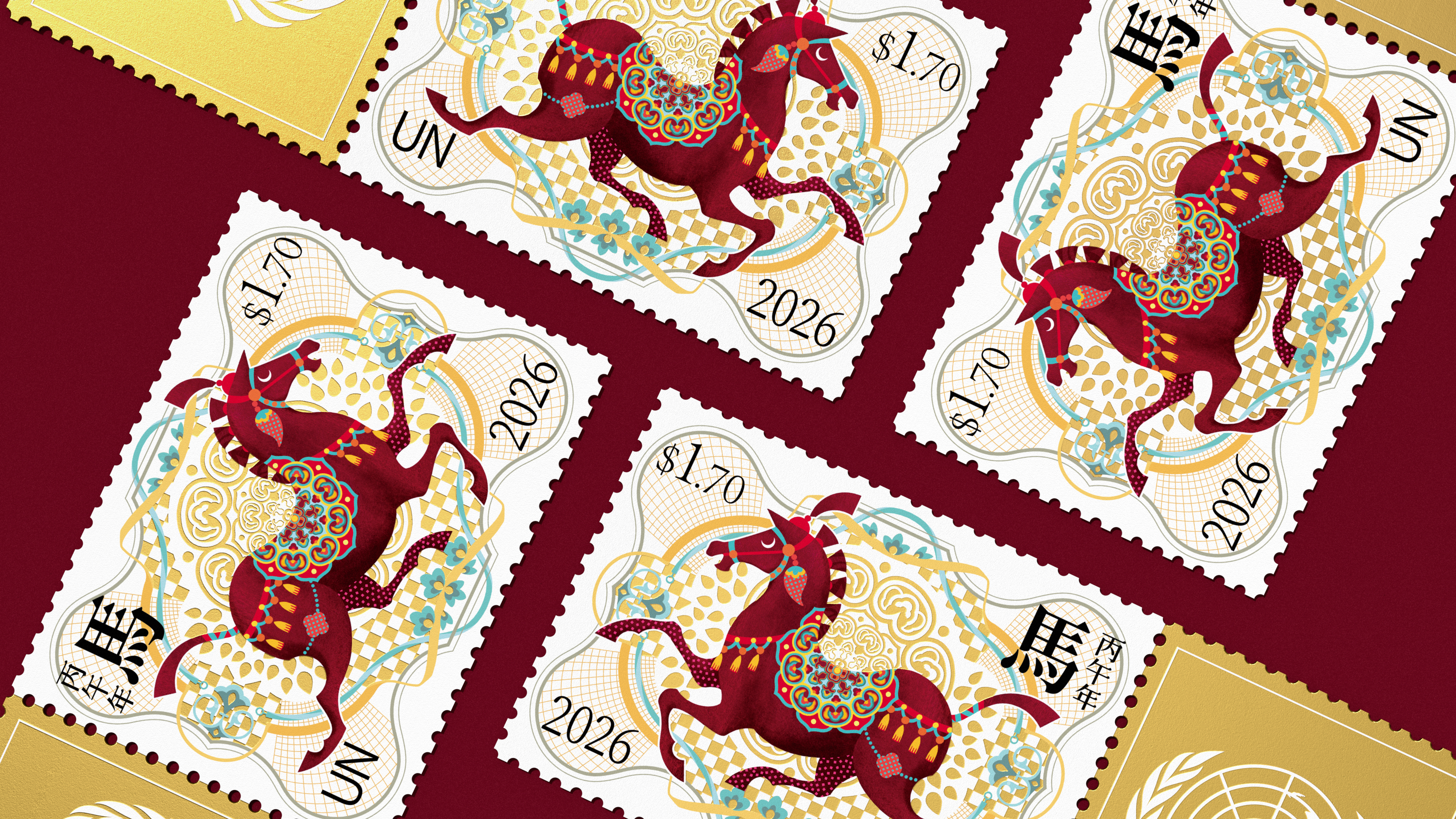 stamp，Illustration，Vector Illustration，United Nations Stamps，Year of the Zodiac Horse，traditional culture，Postage Stampes ，Pan Hu，