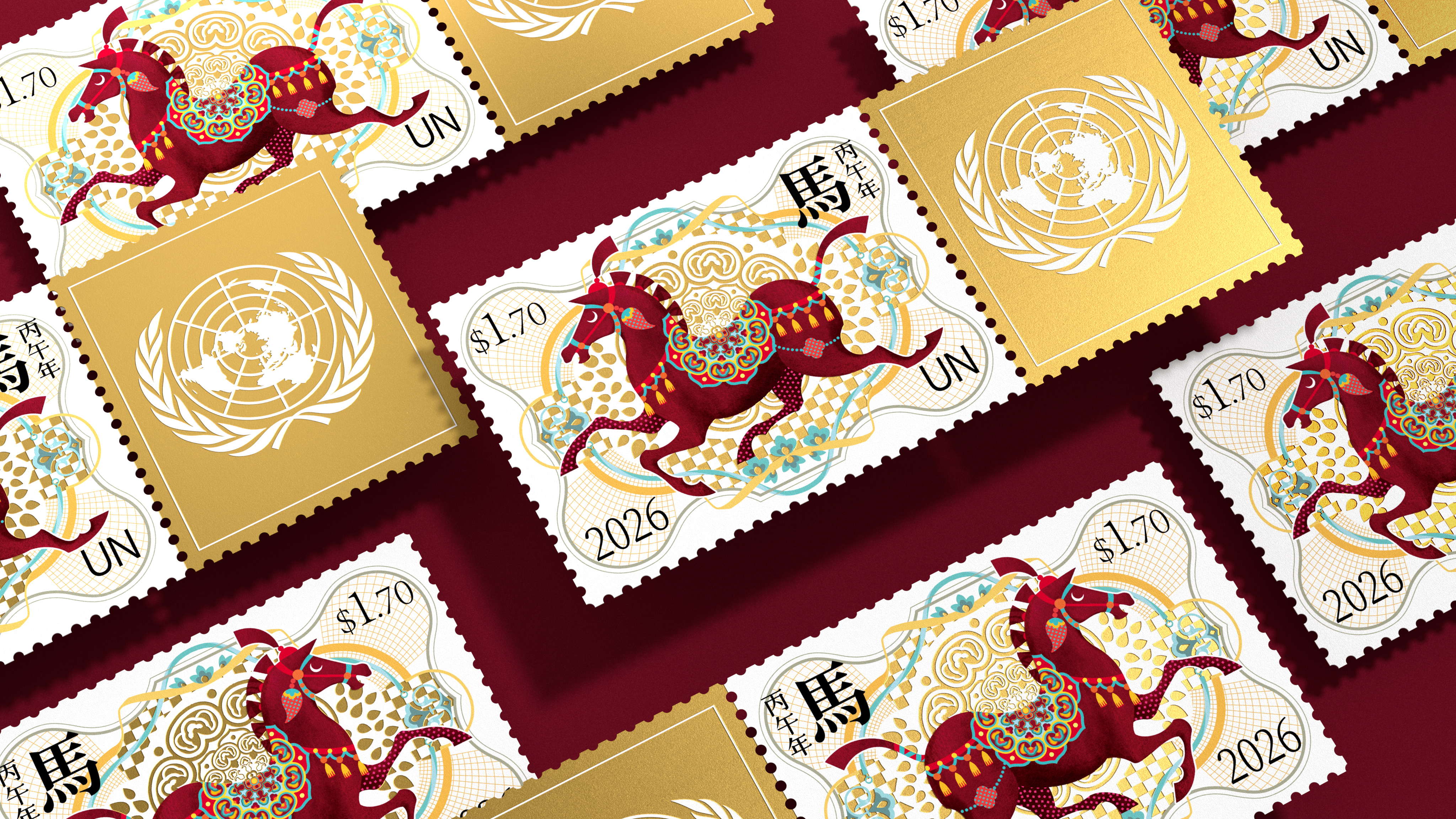 stamp，Illustration，Vector Illustration，United Nations Stamps，Year of the Zodiac Horse，traditional culture，Postage Stampes ，Pan Hu，