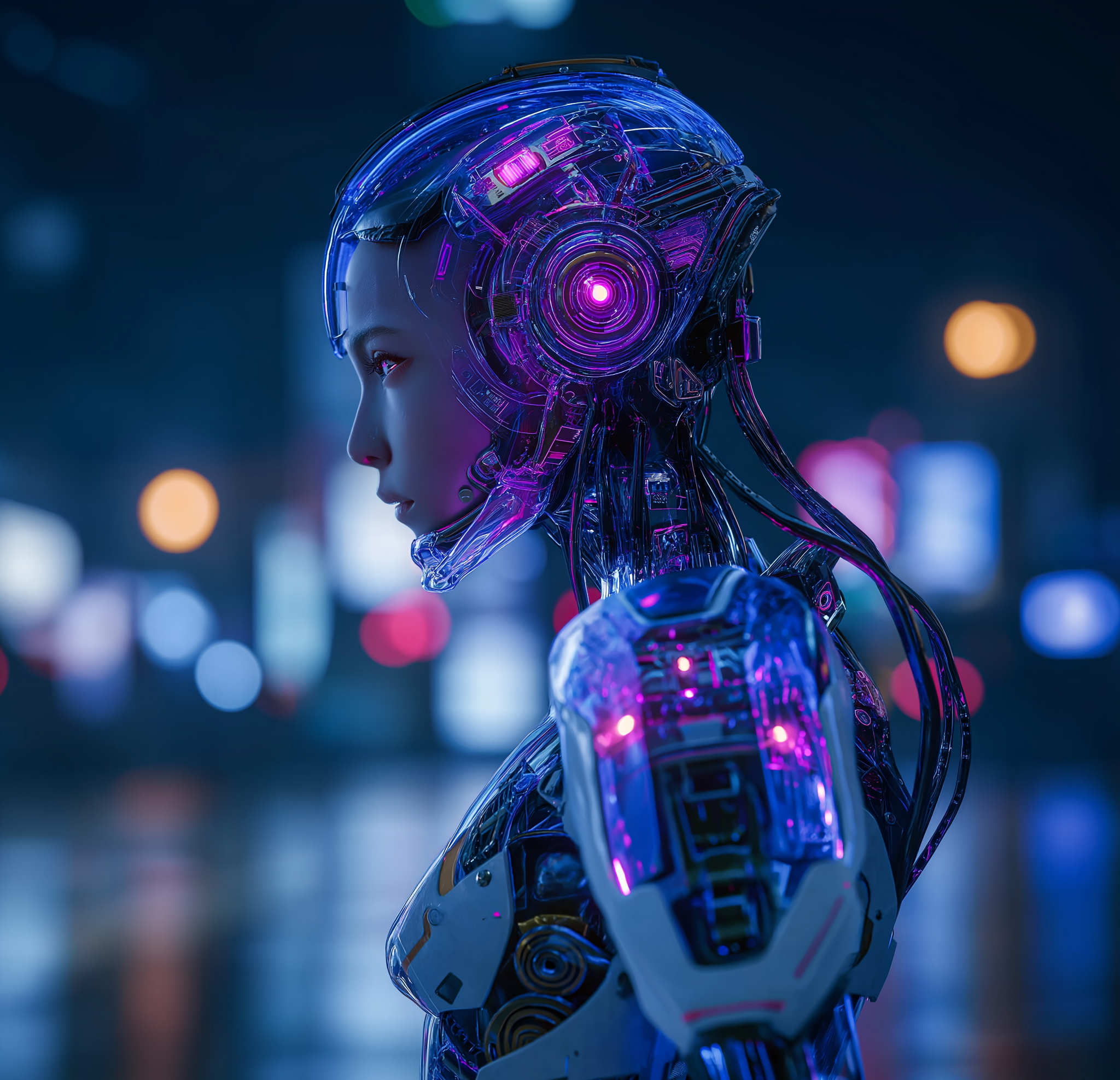 Cyberpunk, Mechanical Prosthetics, Future Technology, Neon Aesthetics,，