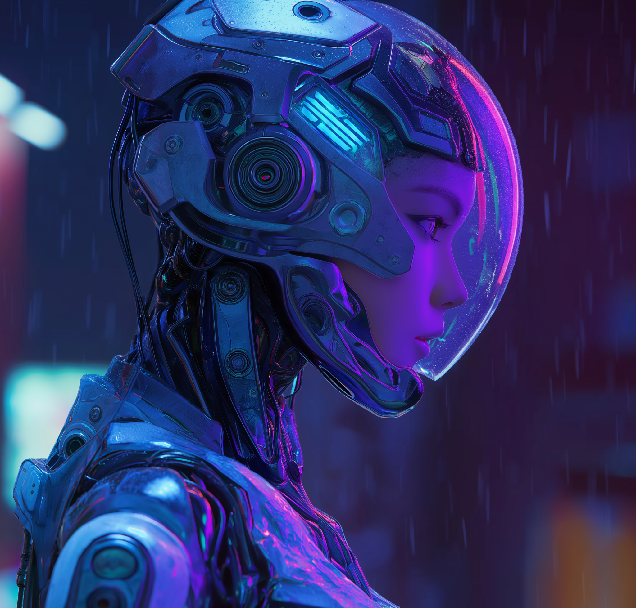 Cyberpunk, Mechanical Prosthetics, Future Technology, Neon Aesthetics,，