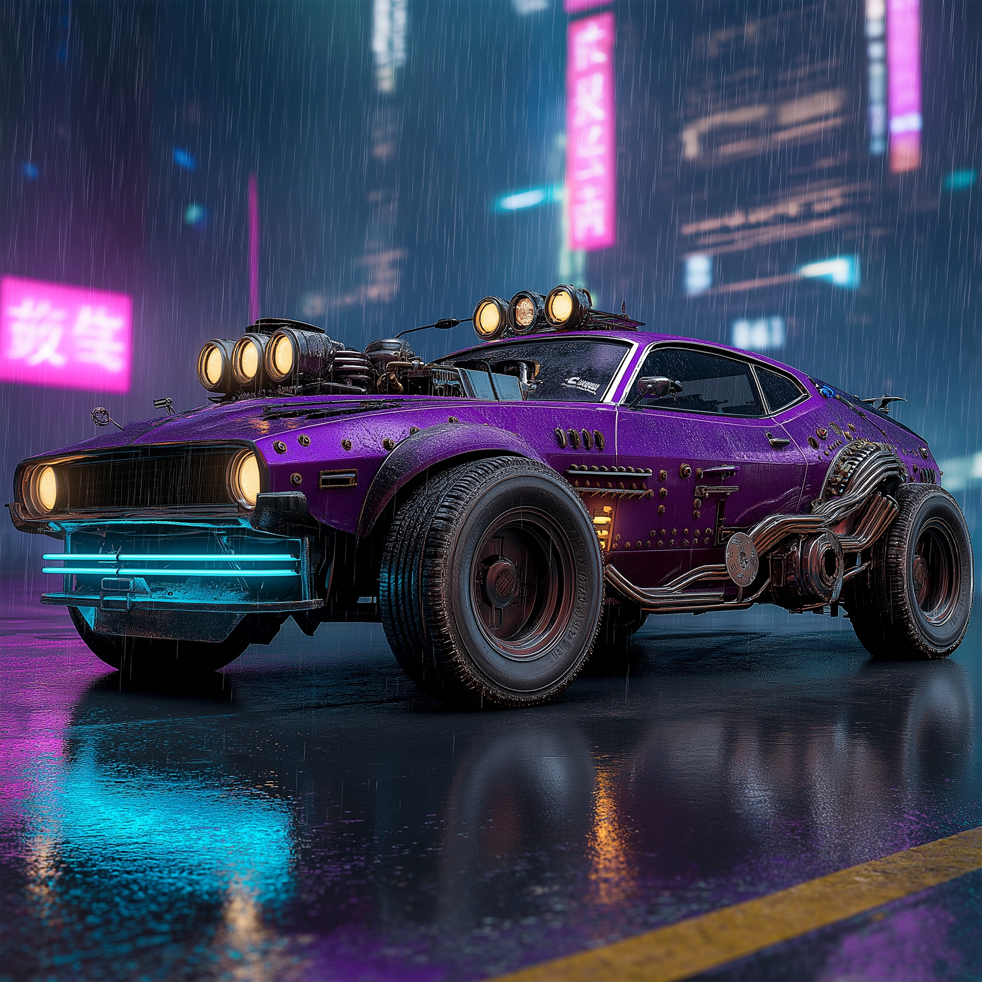 AI Cyberpunk Steampunk Modified Car Neon City，