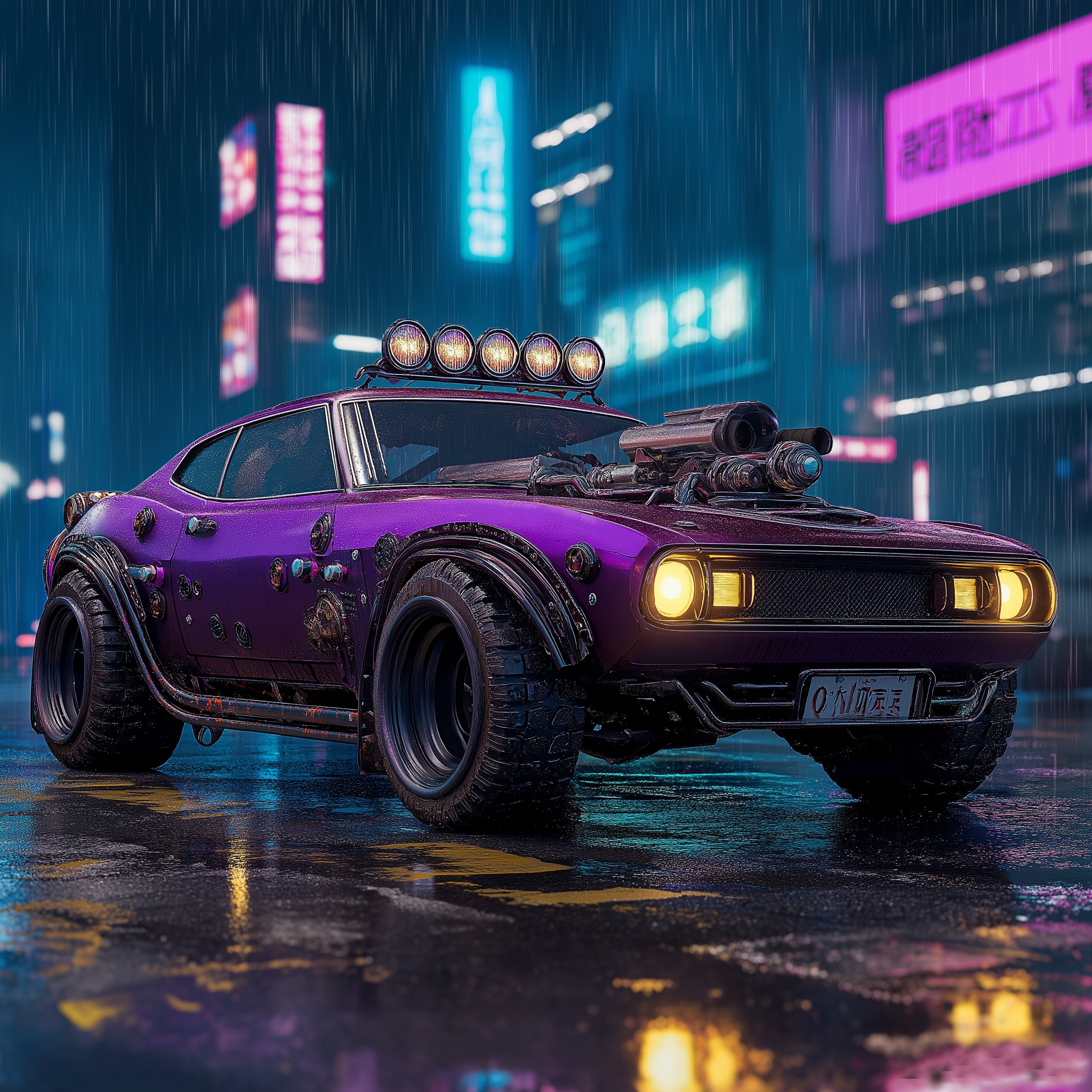 AI Cyberpunk Steampunk Modified Car Neon City，