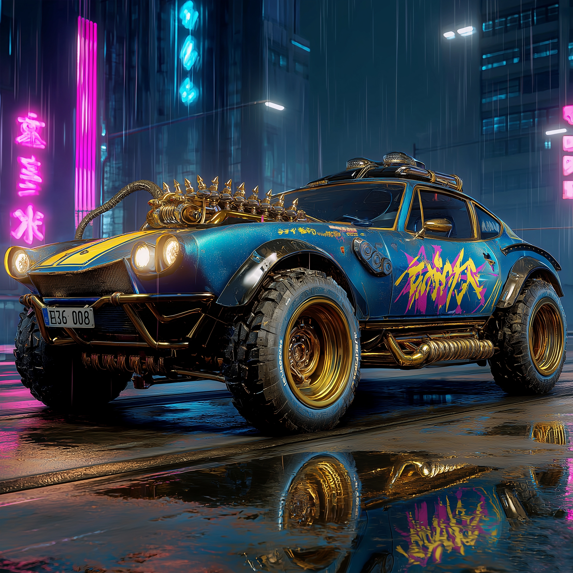 AI Cyberpunk Steampunk Modified Car Neon City，